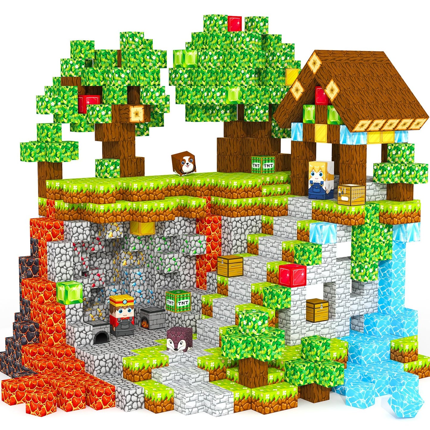 ORZbb Magnetic Blocks & Tiles Set — Forest & Mine Themes, 0.8in Cubes, Ages 3–8
