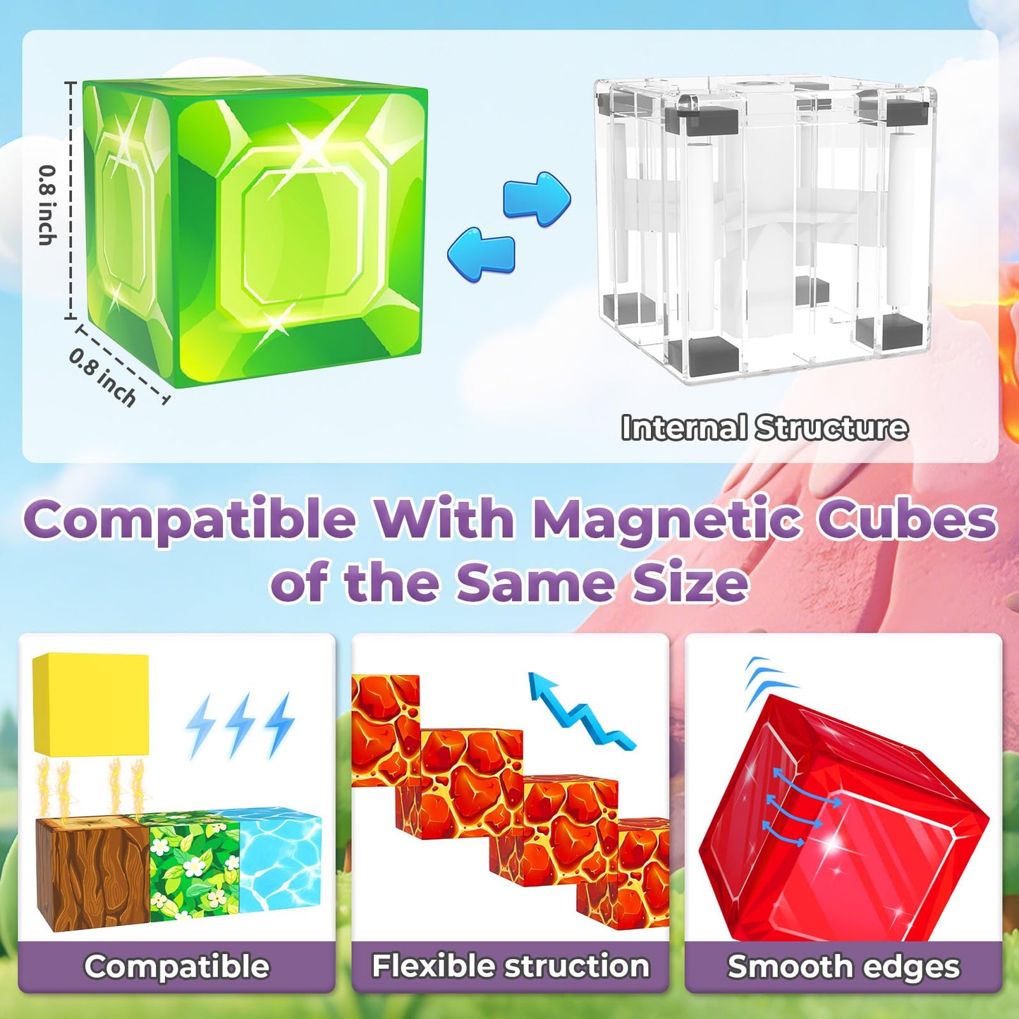 ORZbb Magnetic Blocks & Tiles Set — Forest & Mine Themes, 0.8in Cubes, Ages 3–8