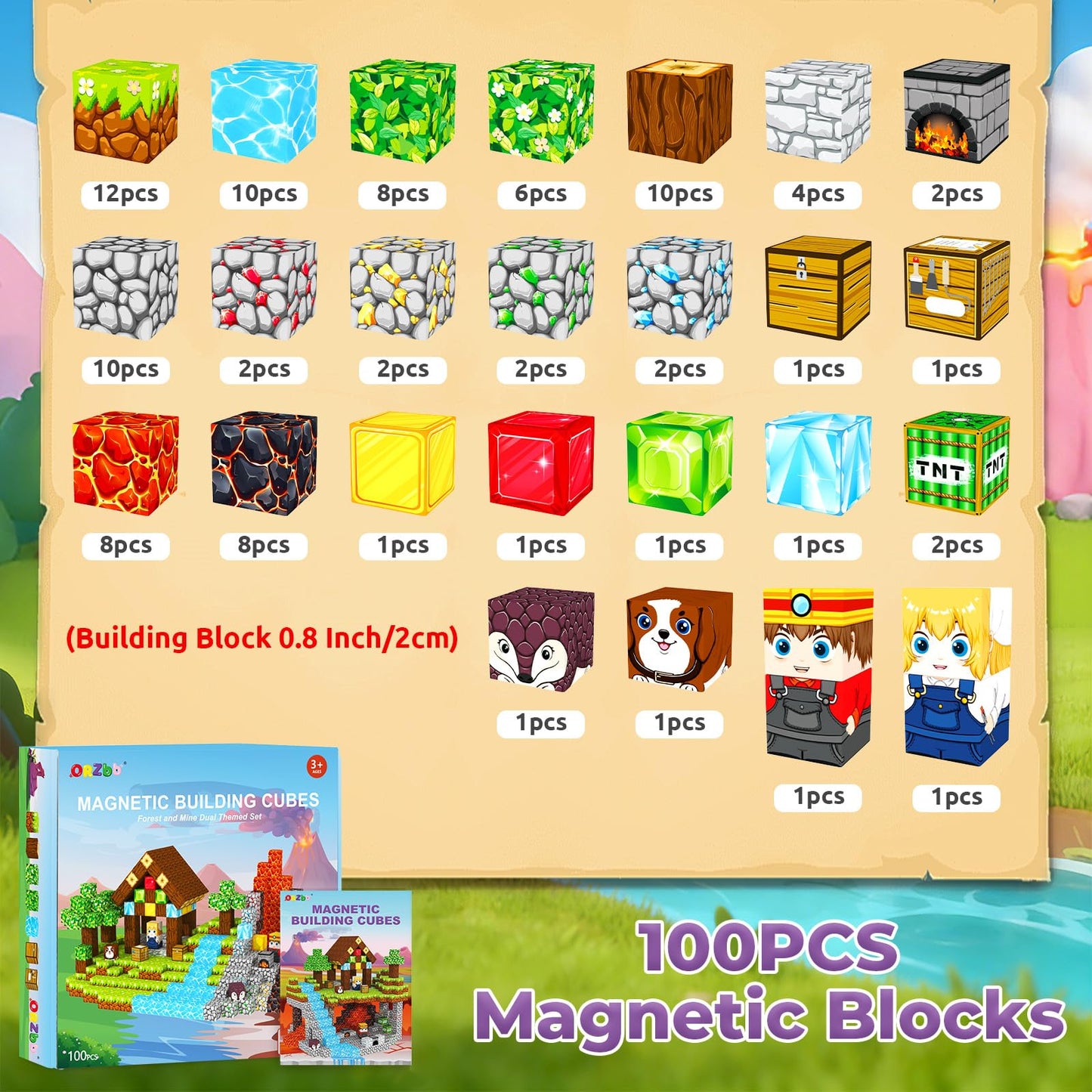 ORZbb Magnetic Blocks & Tiles Set — Forest & Mine Themes, 0.8in Cubes, Ages 3–8