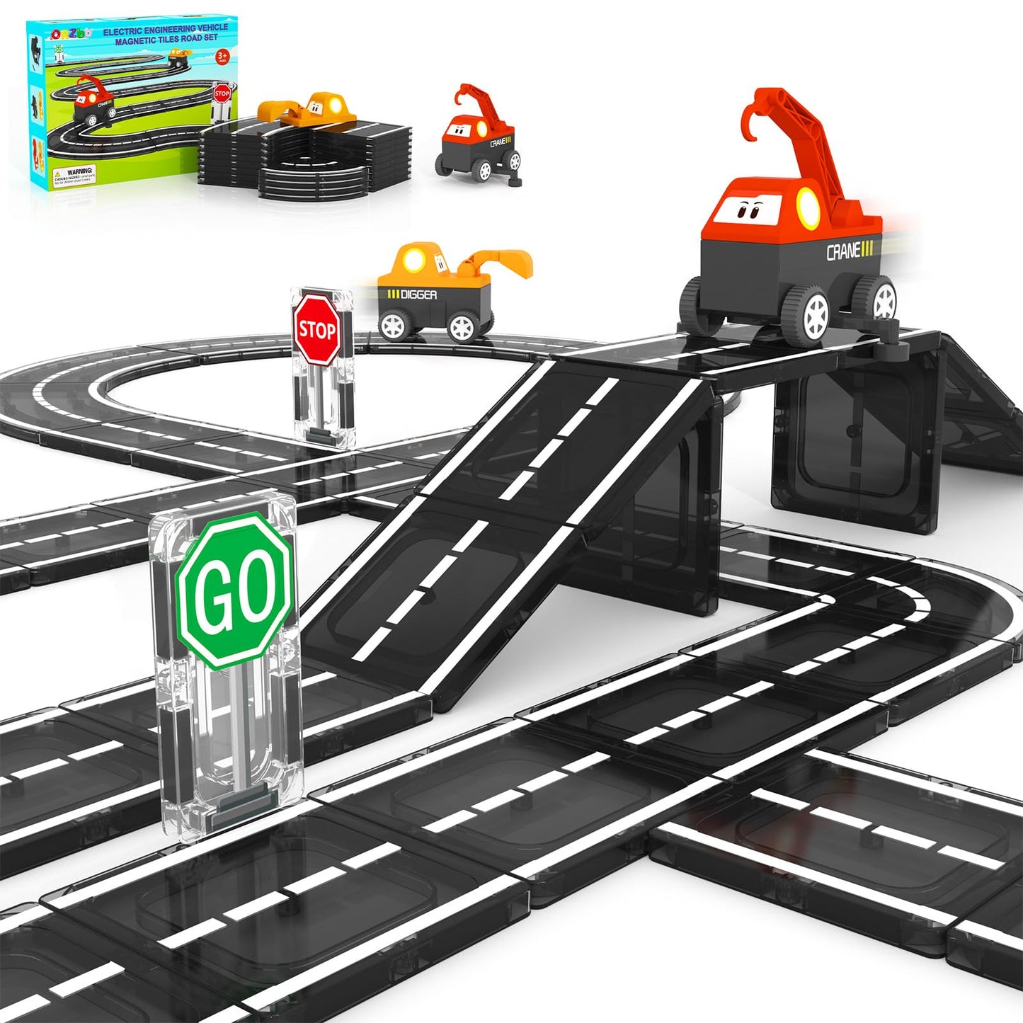 ORZbb Magnetic Tiles Roads Engineering Vehicle Set – STEM Road Toy for 3-6 Year Olds