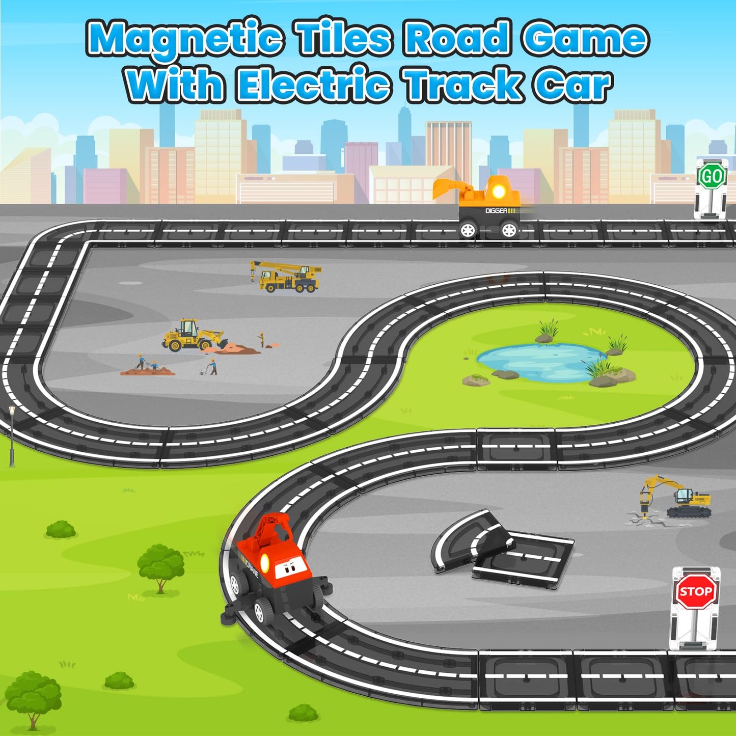 ORZbb Magnetic Tiles Roads Engineering Vehicle Set – STEM Road Toy for 3-6 Year Olds