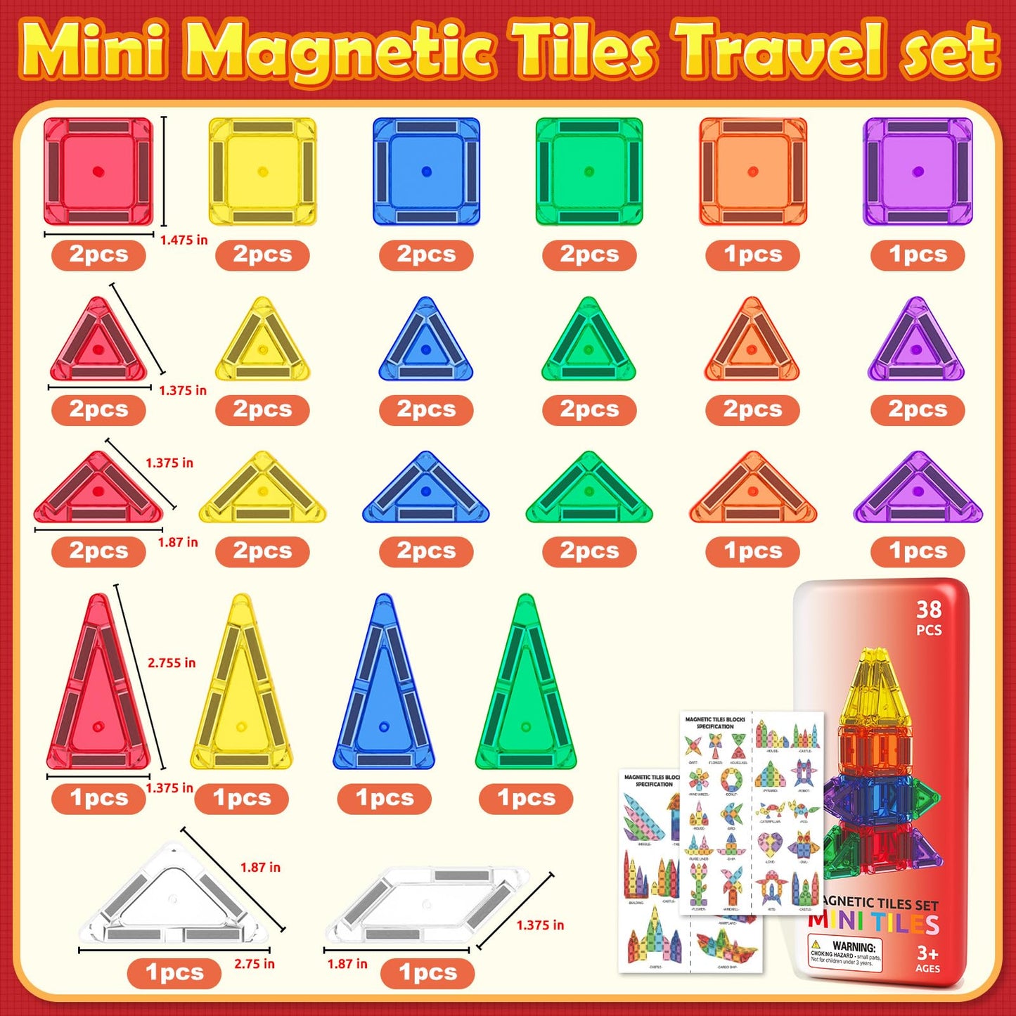 ORZbb Travel Mini Magnetic Tiles with Case – 38-Piece Magnetic Building Set for Travel and Early Learning