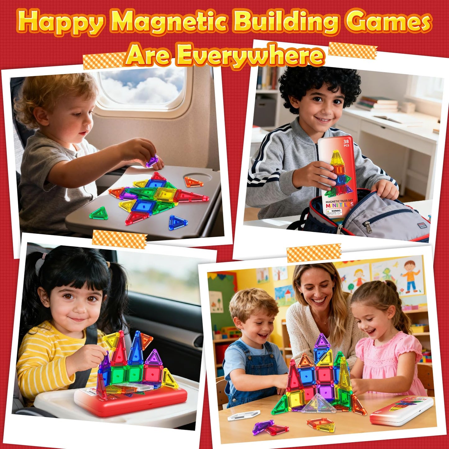 ORZbb Travel Mini Magnetic Tiles with Case – 38-Piece Magnetic Building Set for Travel and Early Learning