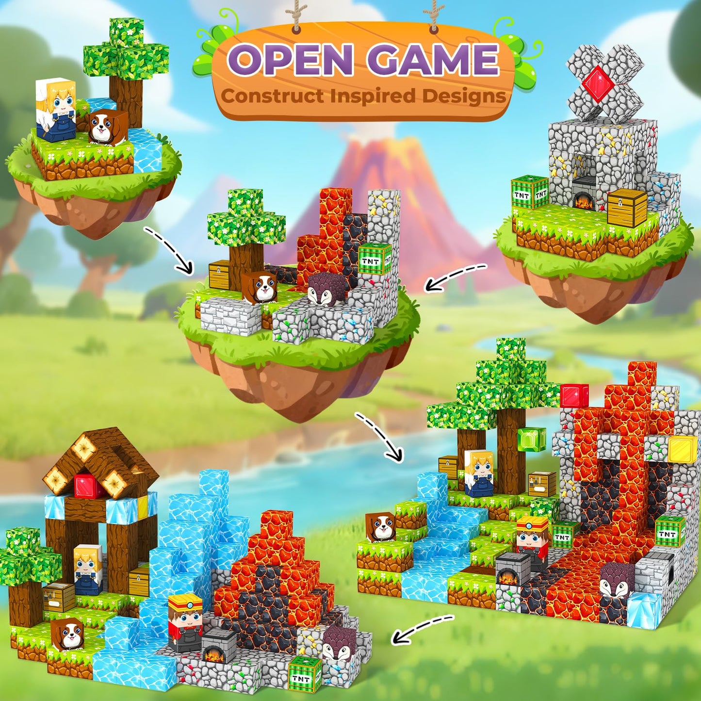 ORZbb Magnetic Blocks & Tiles Set — Forest & Mine Themes, 0.8in Cubes, Ages 3–8