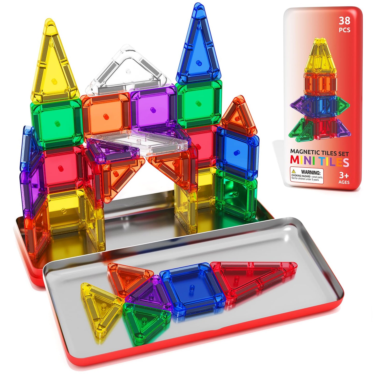 ORZbb Travel Mini Magnetic Tiles with Case – 38-Piece Magnetic Building Set for Travel and Early Learning