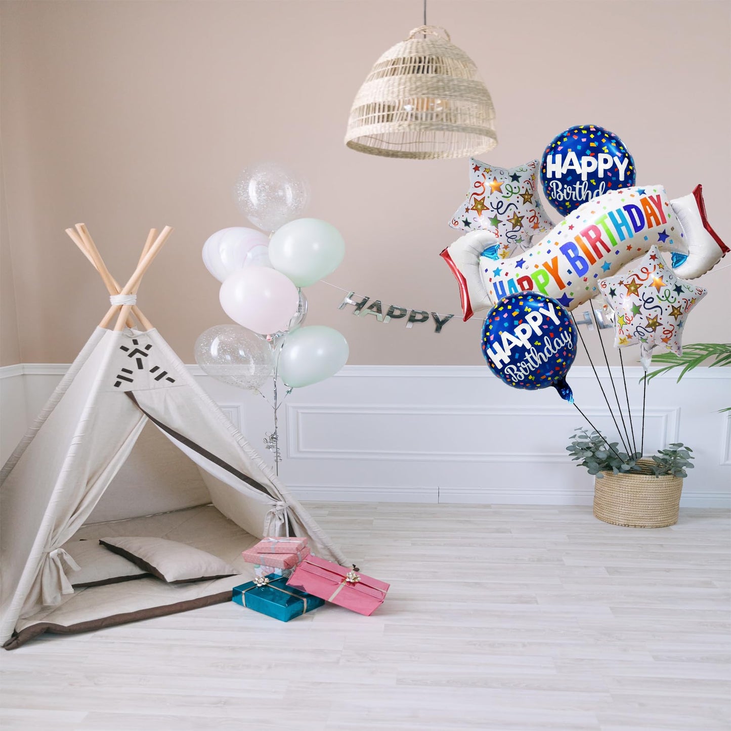 OSAMUHA Birthday Decoration Set - Colorful Happy Birthday Banner & Mylar Balloons (5-Piece)