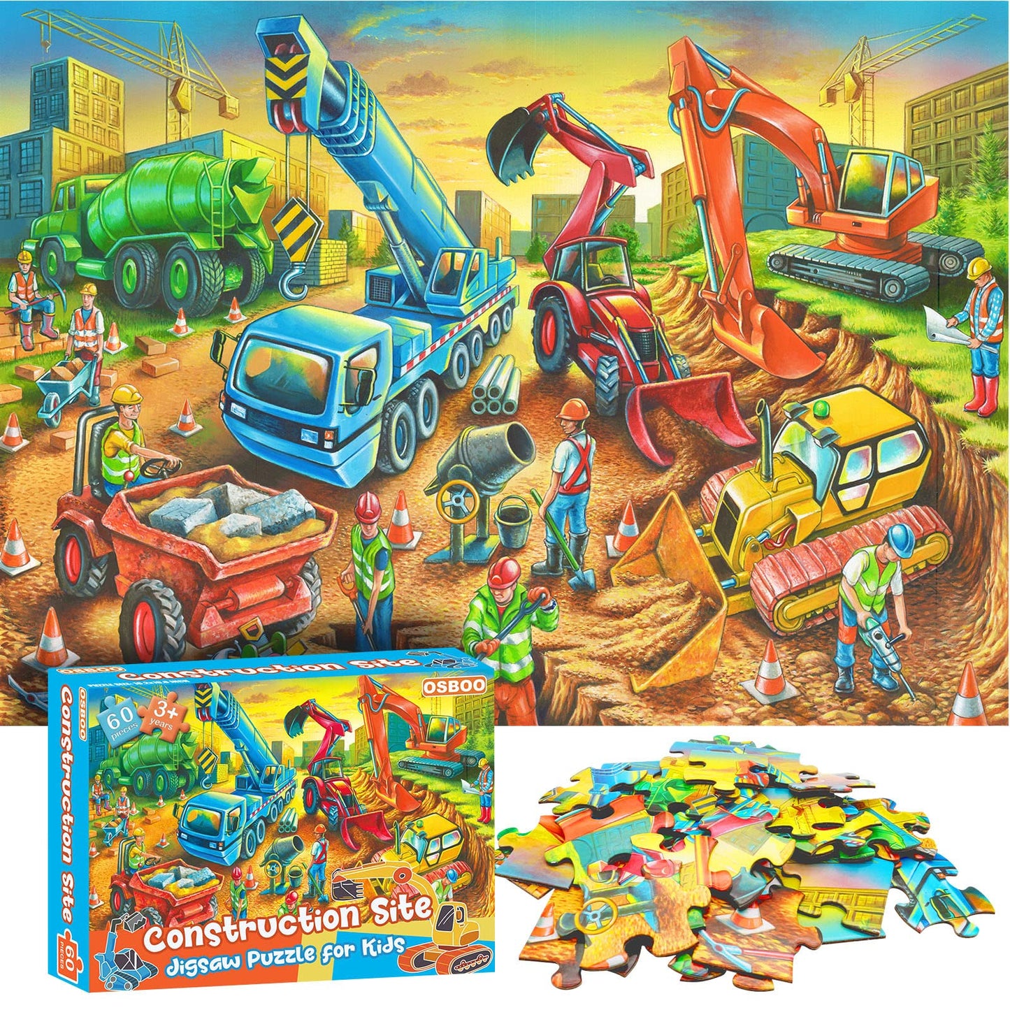 OSBOO Construction Site Puzzle – 60-Piece Large Piece Jigsaw for Kids Aged 3-8