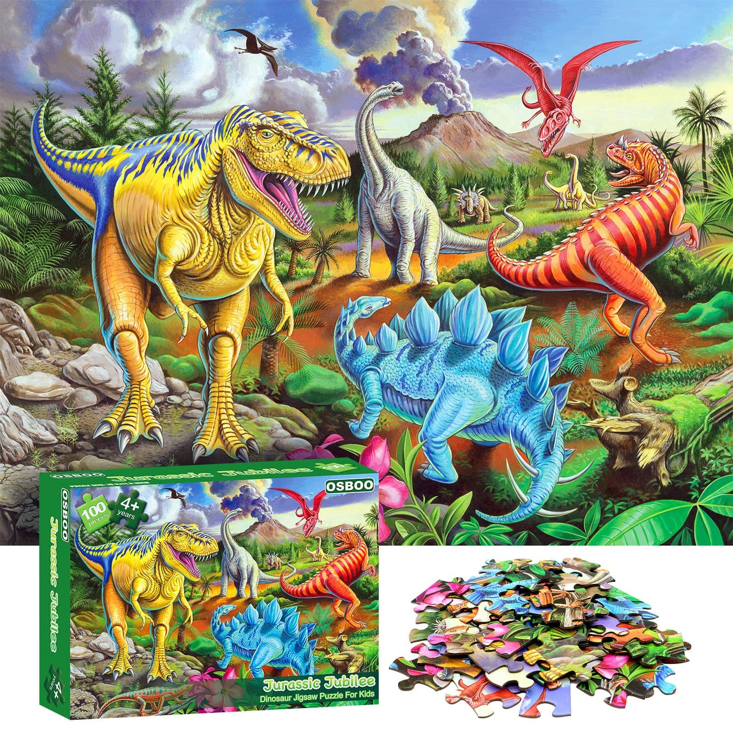 OSBOO Dinosaur 100-Piece Jigsaw Puzzle — Large Floor Puzzle for Kids 4-10
