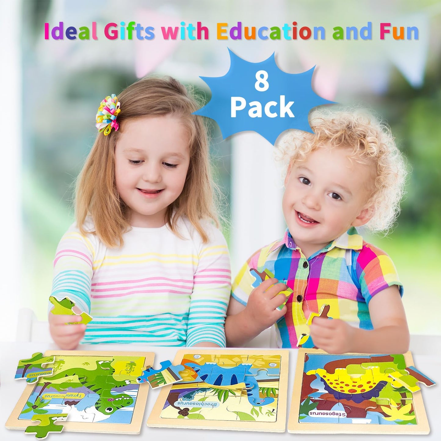 OSBOO Wooden Dinosaur Puzzles for Toddlers – 8 Dinosaur Shapes, Educational & Safe Play