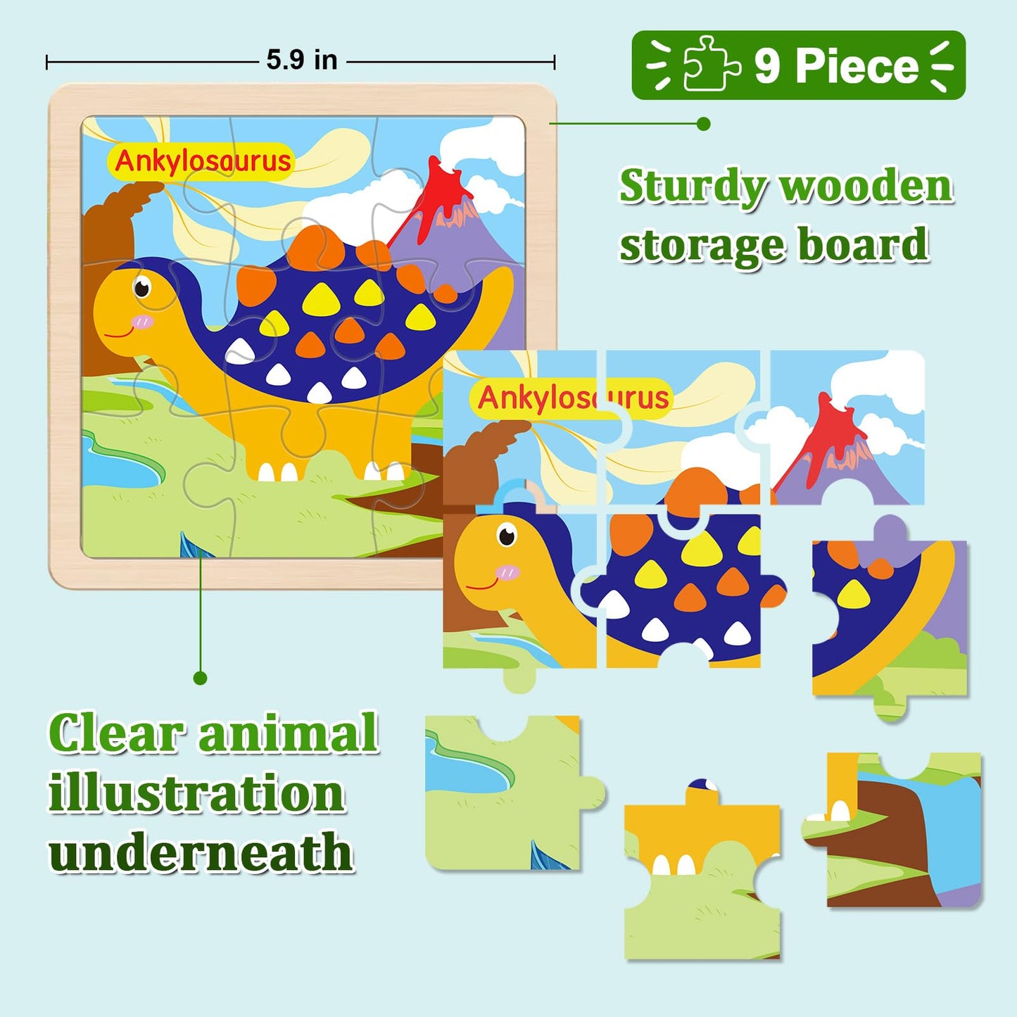 OSBOO Wooden Dinosaur Puzzles for Toddlers – 8 Dinosaur Shapes, Educational & Safe Play