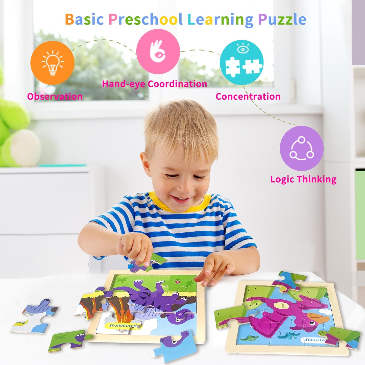 OSBOO Wooden Dinosaur Puzzles for Toddlers – 8 Dinosaur Shapes, Educational & Safe Play