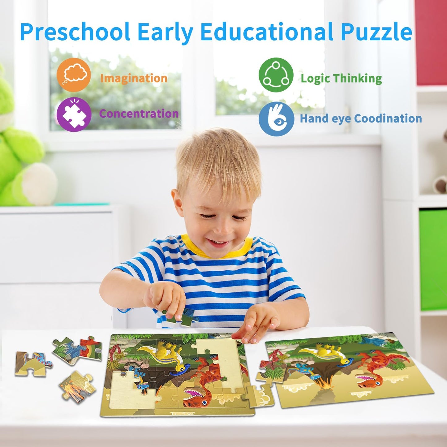 OSBOO Dinosaur Wooden Puzzles – 24-Piece Jigsaws for Kids 3-6