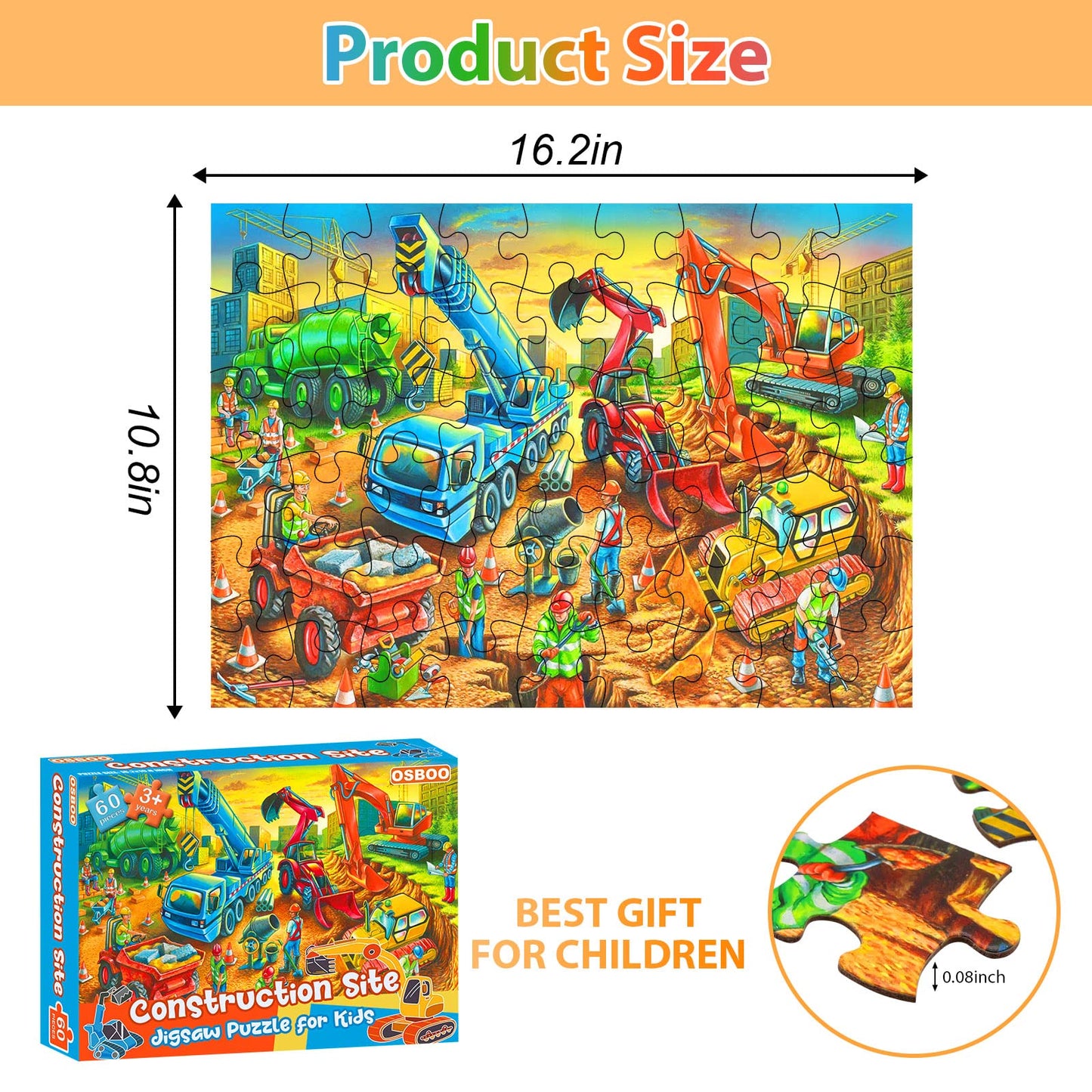 OSBOO Construction Site Puzzle – 60-Piece Large Piece Jigsaw for Kids Aged 3-8