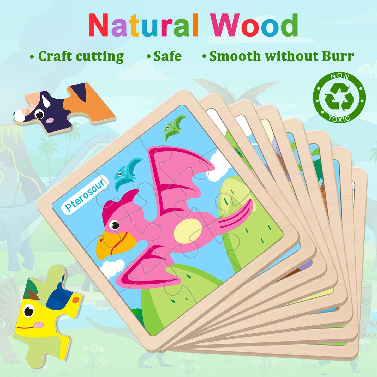 OSBOO Wooden Dinosaur Puzzles for Toddlers – 8 Dinosaur Shapes, Educational & Safe Play