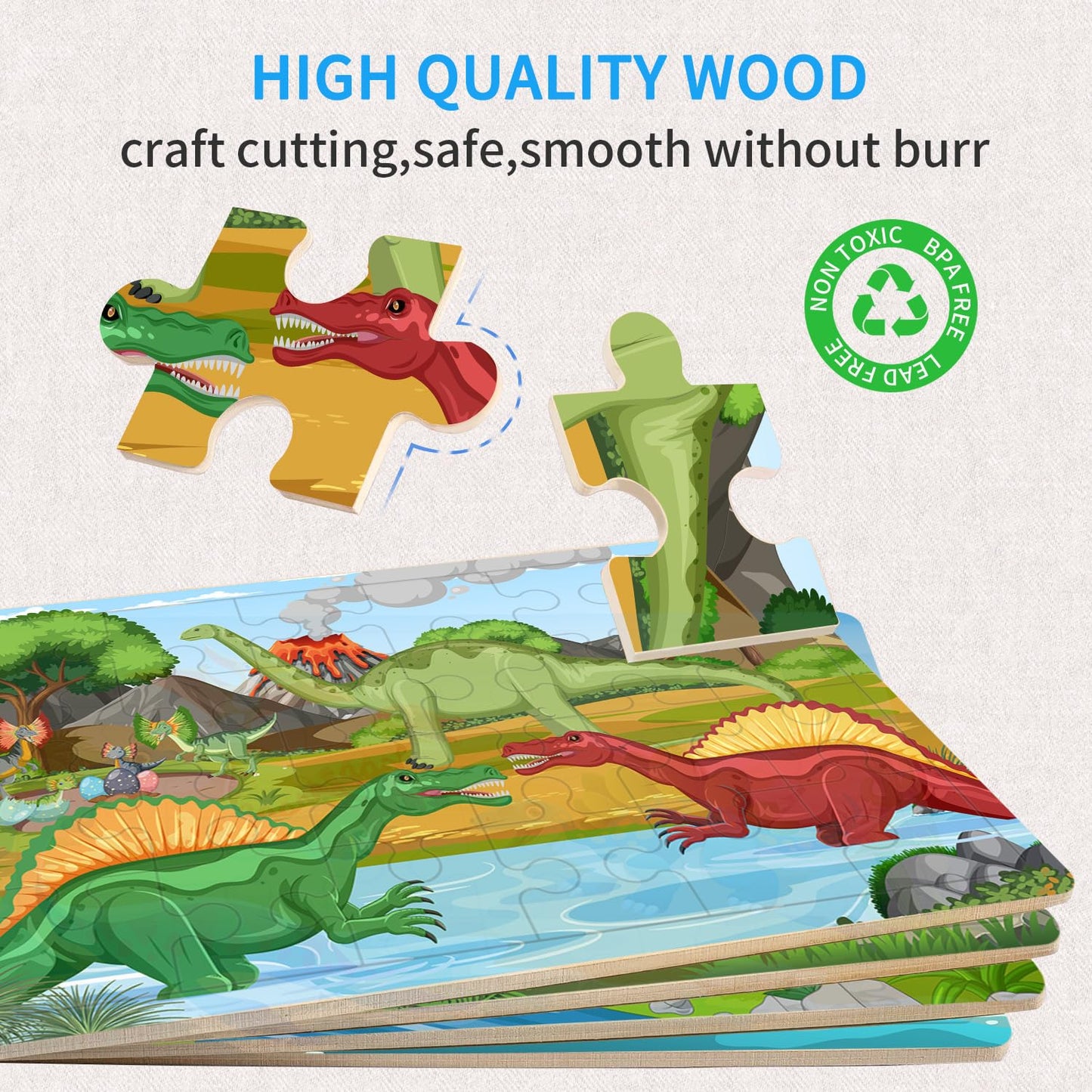 OSBOO Dinosaur Wooden Puzzles – 24-Piece Jigsaws for Kids 3-6