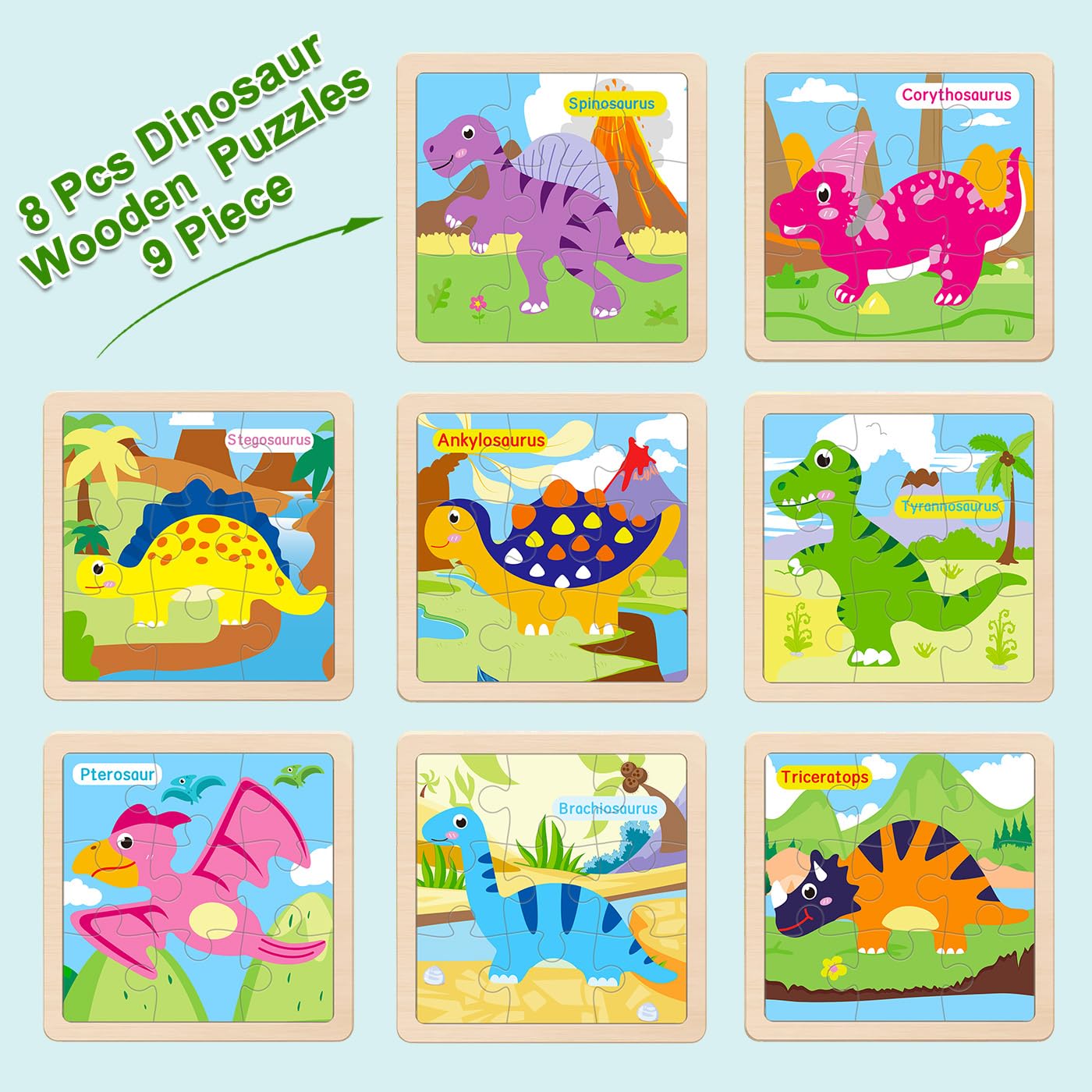 OSBOO Wooden Dinosaur Puzzles for Toddlers – 8 Dinosaur Shapes, Educational & Safe Play
