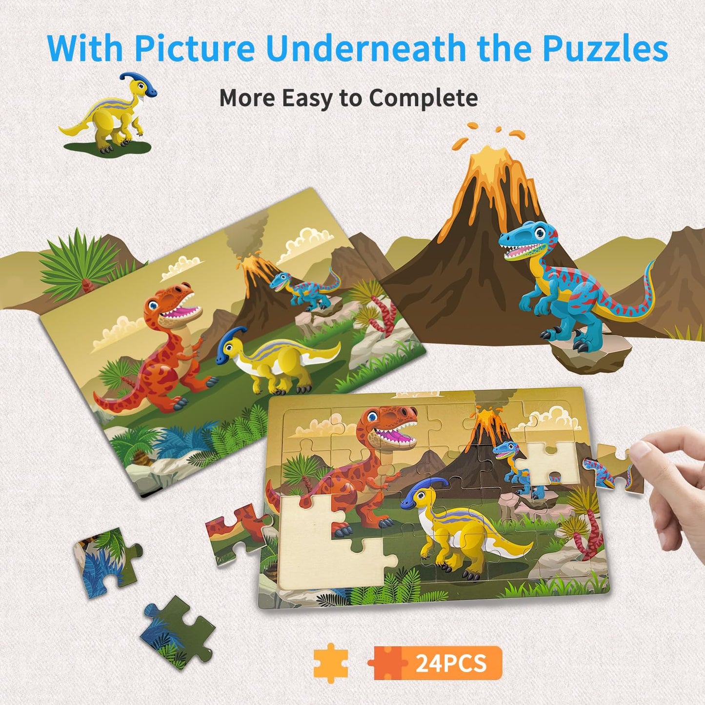 OSBOO Dinosaur Wooden Puzzles – 24-Piece Jigsaws for Kids 3-6