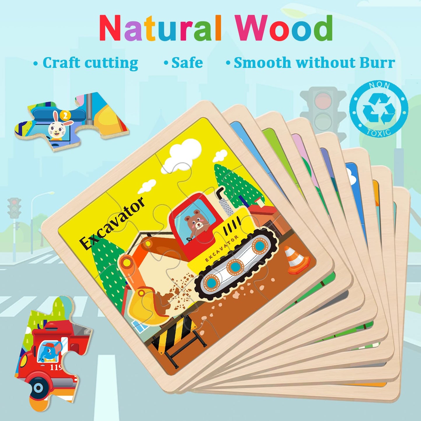 OSBOO Wooden Vehicle Puzzles for Toddlers (2-4) – 9-Piece Vehicle Jigsaws for Kids 3-5 | Montessori Toddler Toys & Learning Gifts