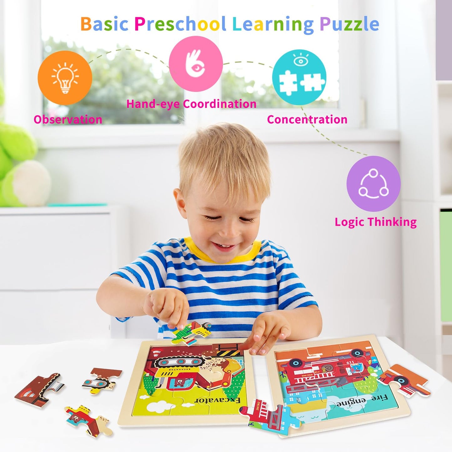 OSBOO Wooden Vehicle Puzzles for Toddlers (2-4) – 9-Piece Vehicle Jigsaws for Kids 3-5 | Montessori Toddler Toys & Learning Gifts
