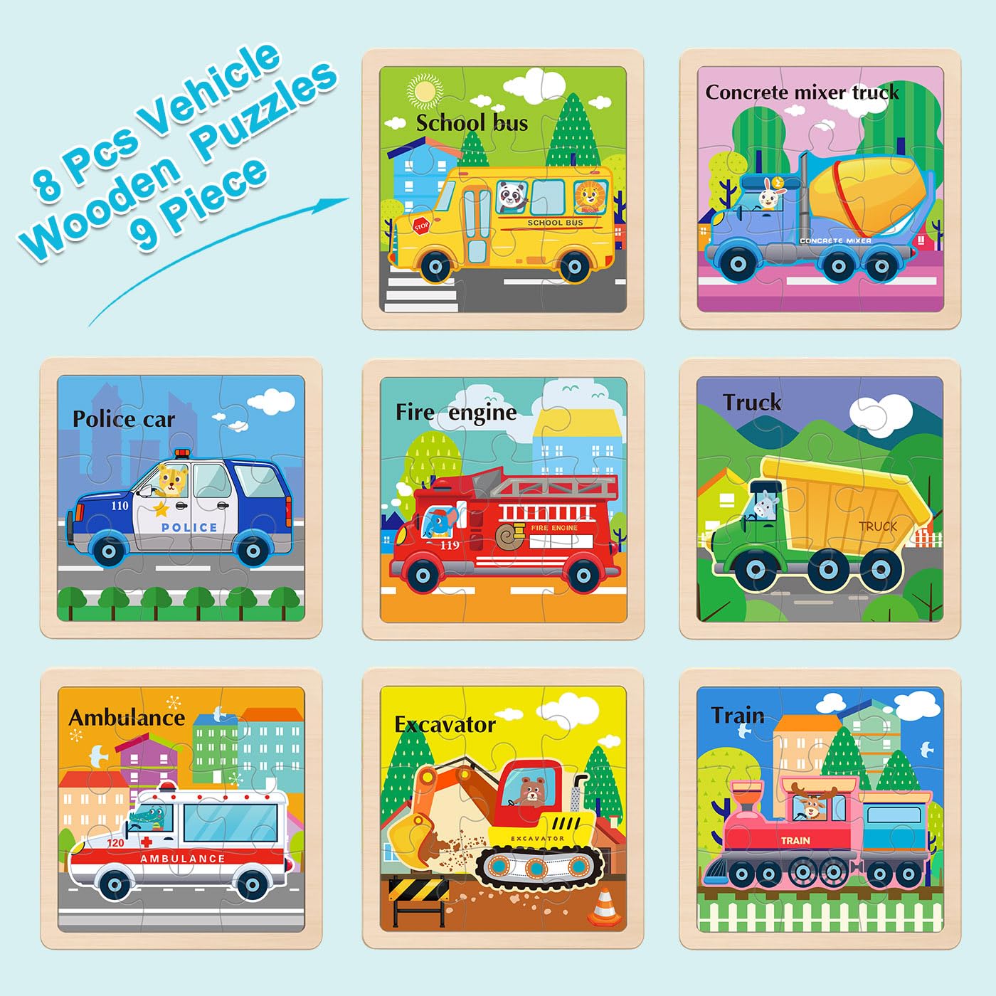OSBOO Wooden Vehicle Puzzles for Toddlers (2-4) – 9-Piece Vehicle Jigsaws for Kids 3-5 | Montessori Toddler Toys & Learning Gifts