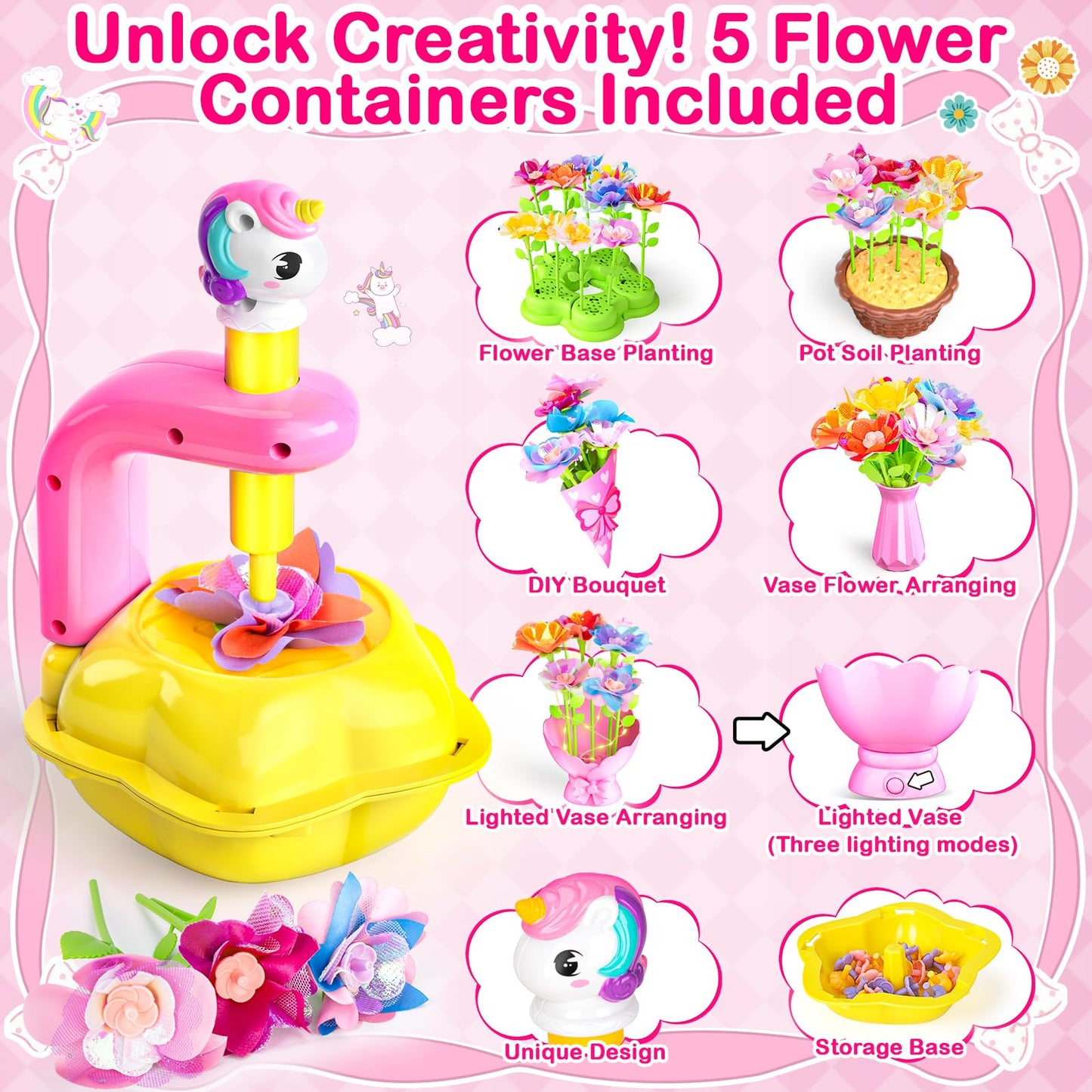 Osllate DIY Flower Bouquet Craft Kit for Kids – Lighted Vase & Unicornous Design (Pink)