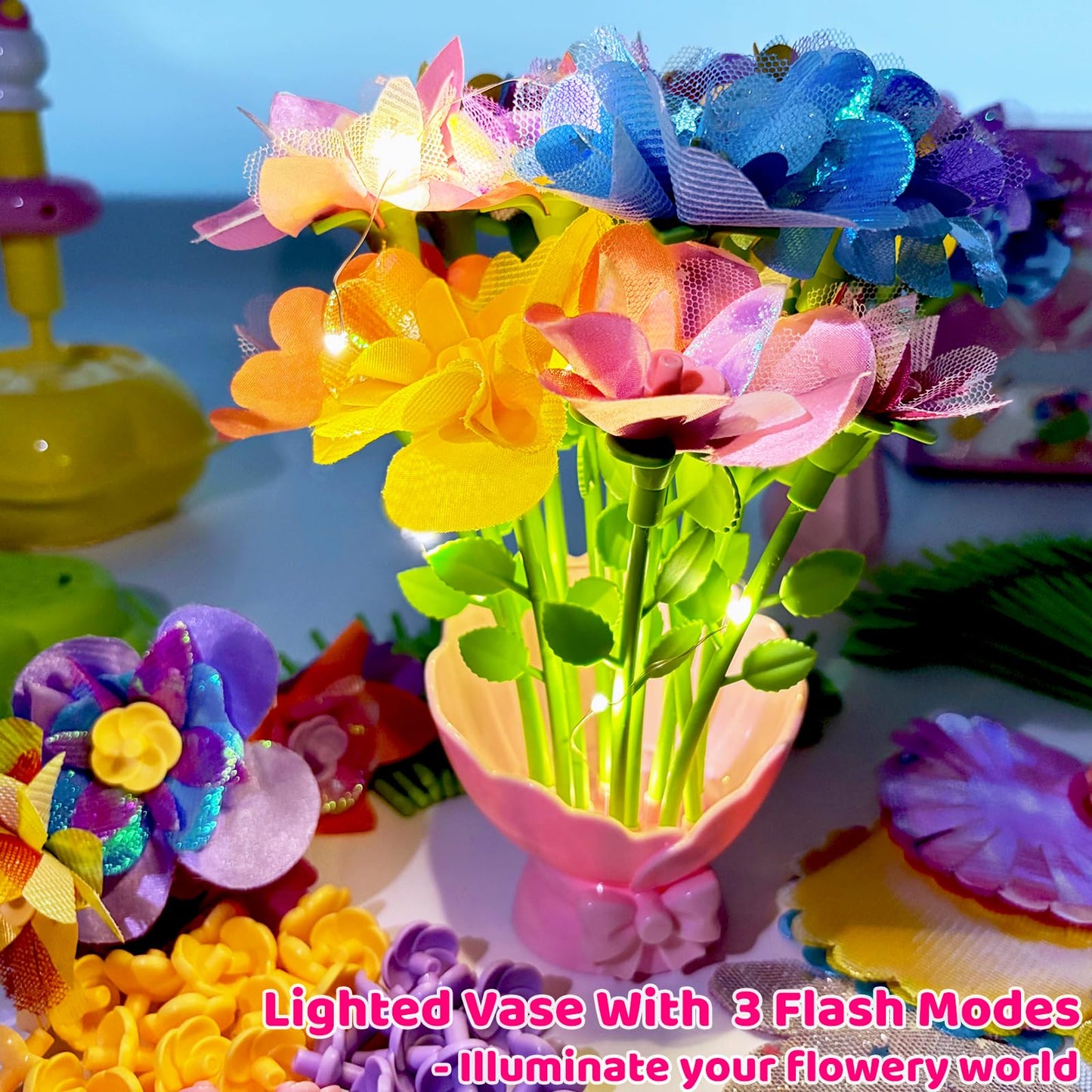 Osllate DIY Flower Bouquet Craft Kit for Kids – Lighted Vase & Unicornous Design (Pink)