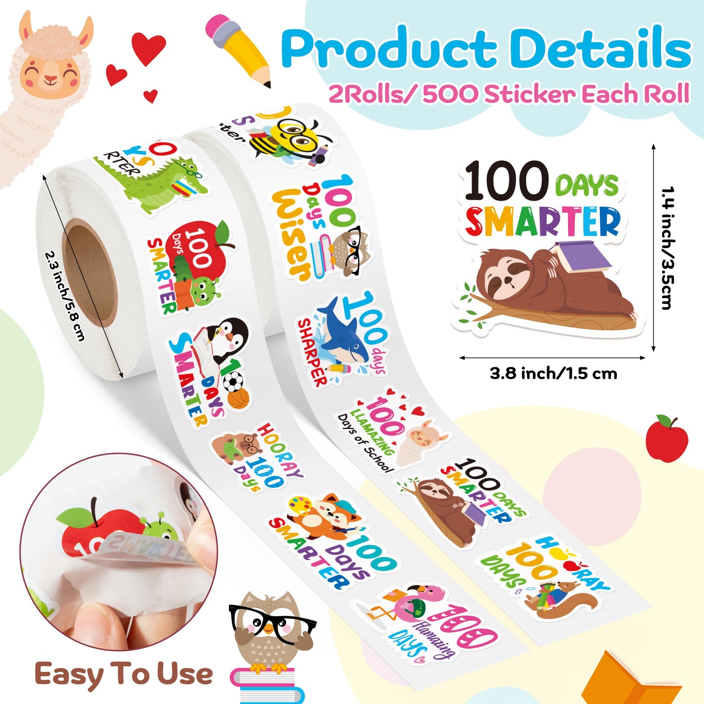 OSNIE 100 Days of School Stickers – 1000 Pcs in 2 Rolls for Kids Rewards & Classroom Decor