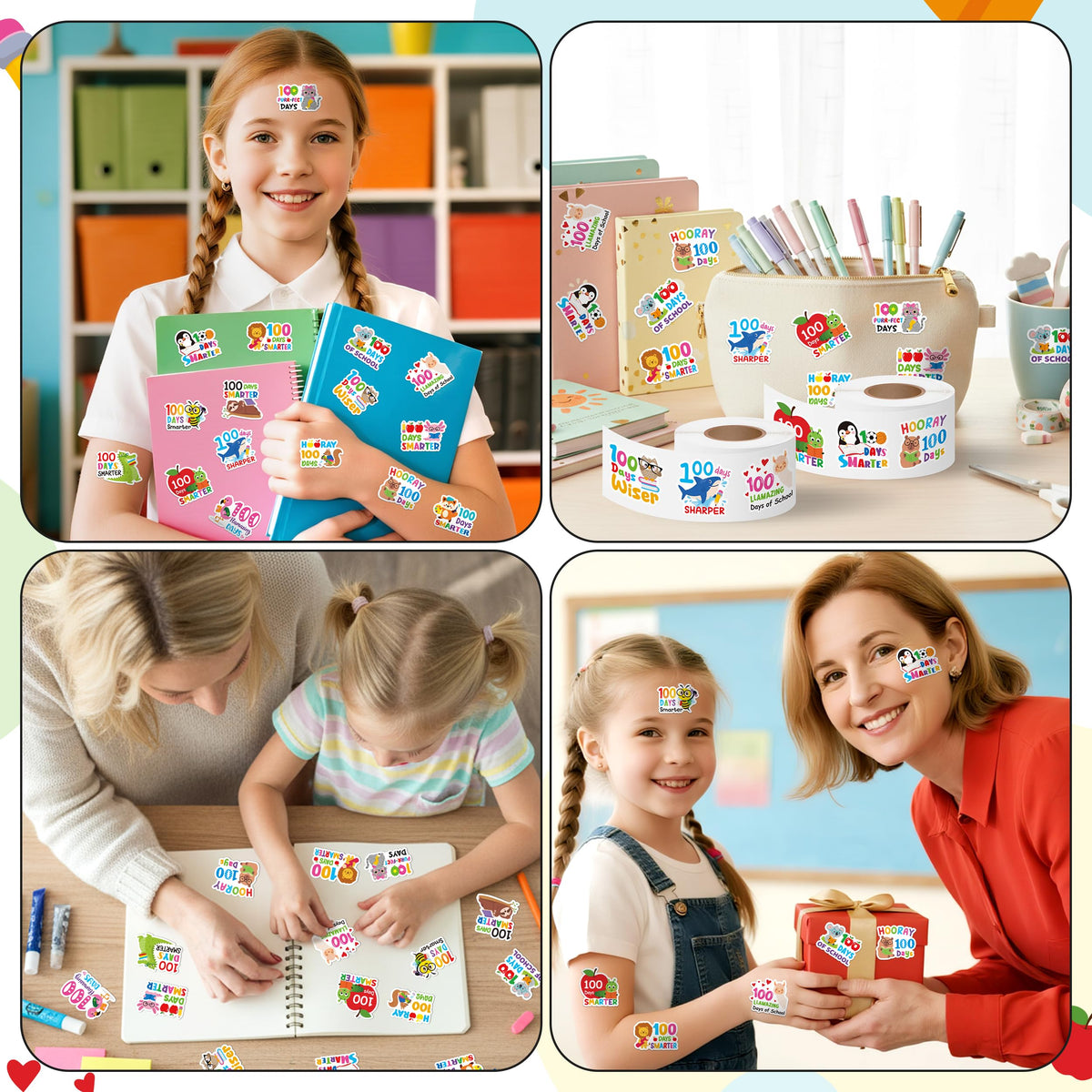 OSNIE 100 Days of School Stickers – 1000 Pcs in 2 Rolls for Kids Rewards & Classroom Decor