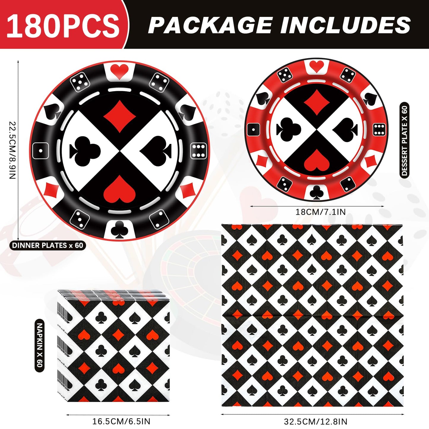 Osonm 180PCS Casino Party Supplies – Plates, Napkins & More for Poker Night
