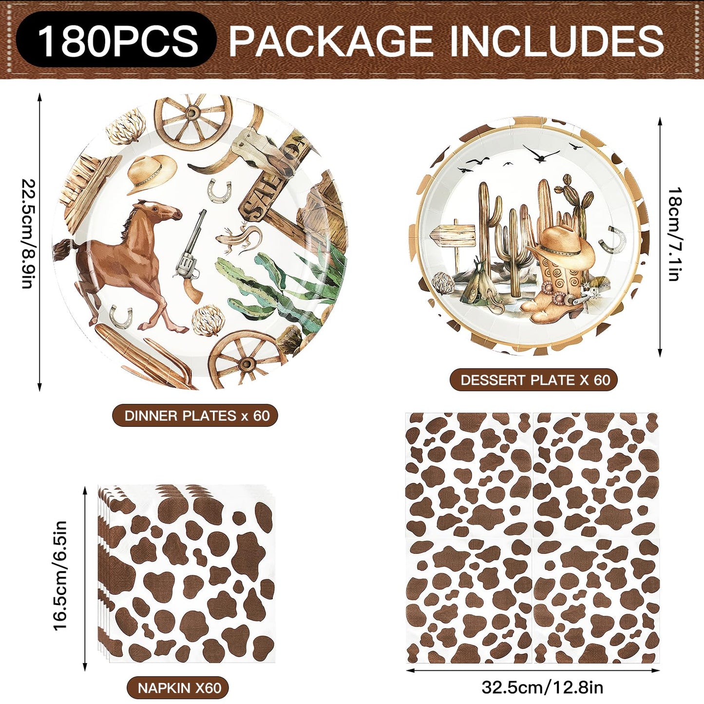 Osonm 180PCS Cowboy Party Supplies Kit — Plates, Napkins & Western Decor for Wild West Celebrations