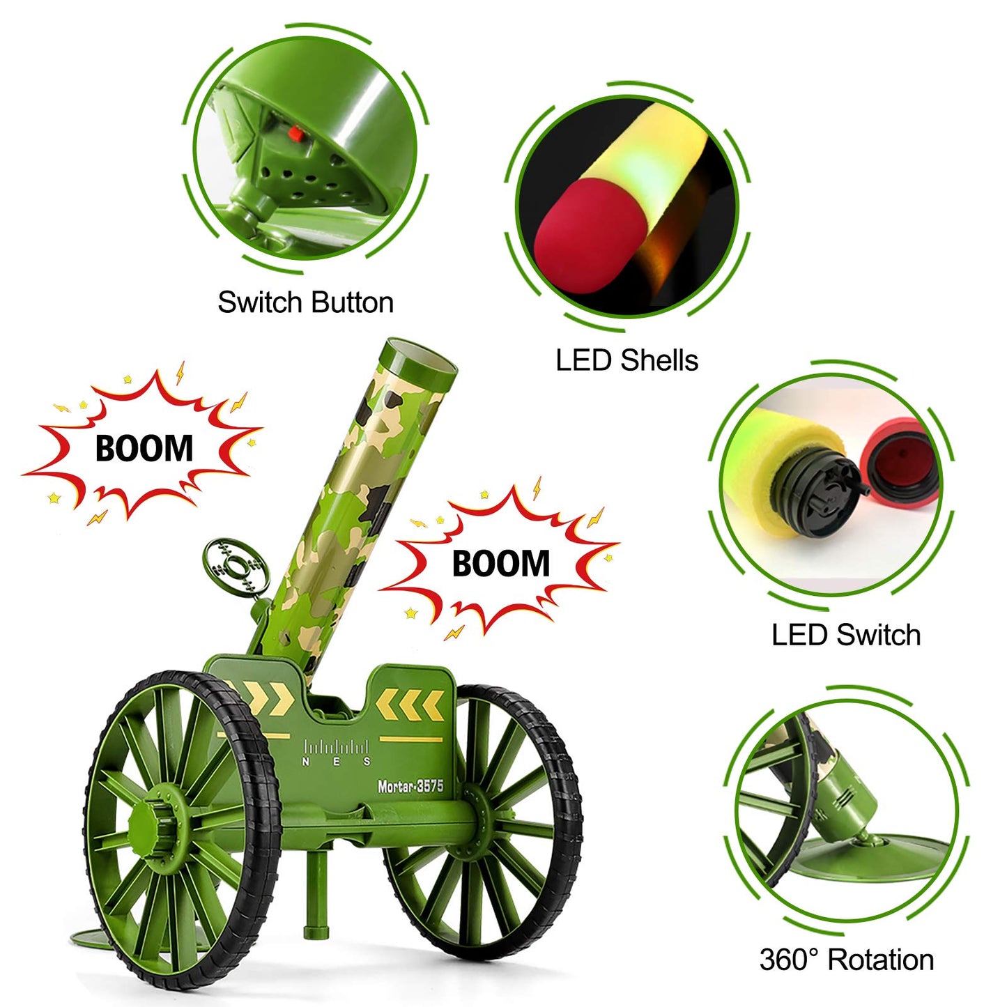 OSQI Mortar Launcher Set – Green, 3 LED Foam Shells, 16 ft Range