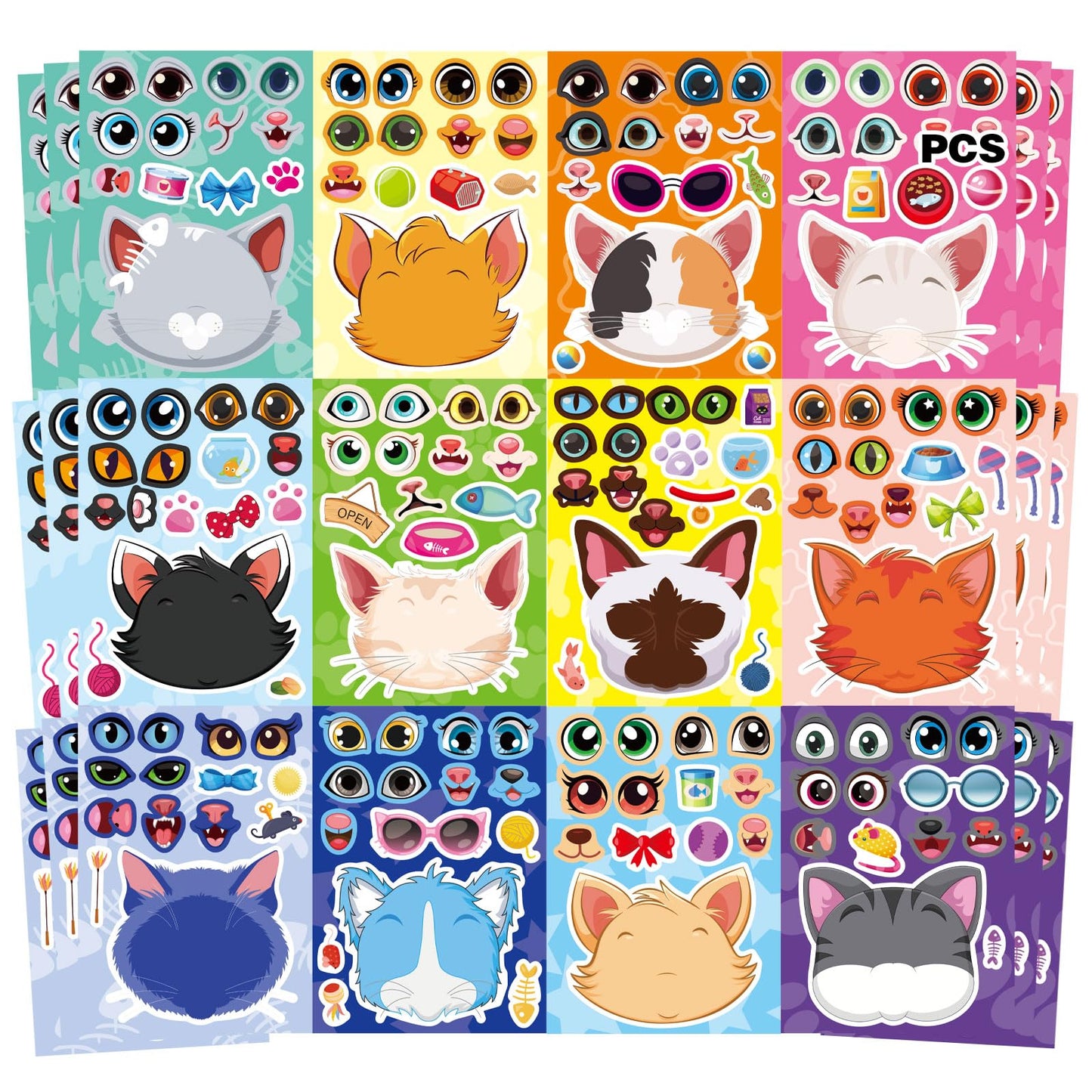 OTAITY 36 Sheets Cat Make-a-Face Stickers – 12 Designs for Kids Crafts & Party Favors