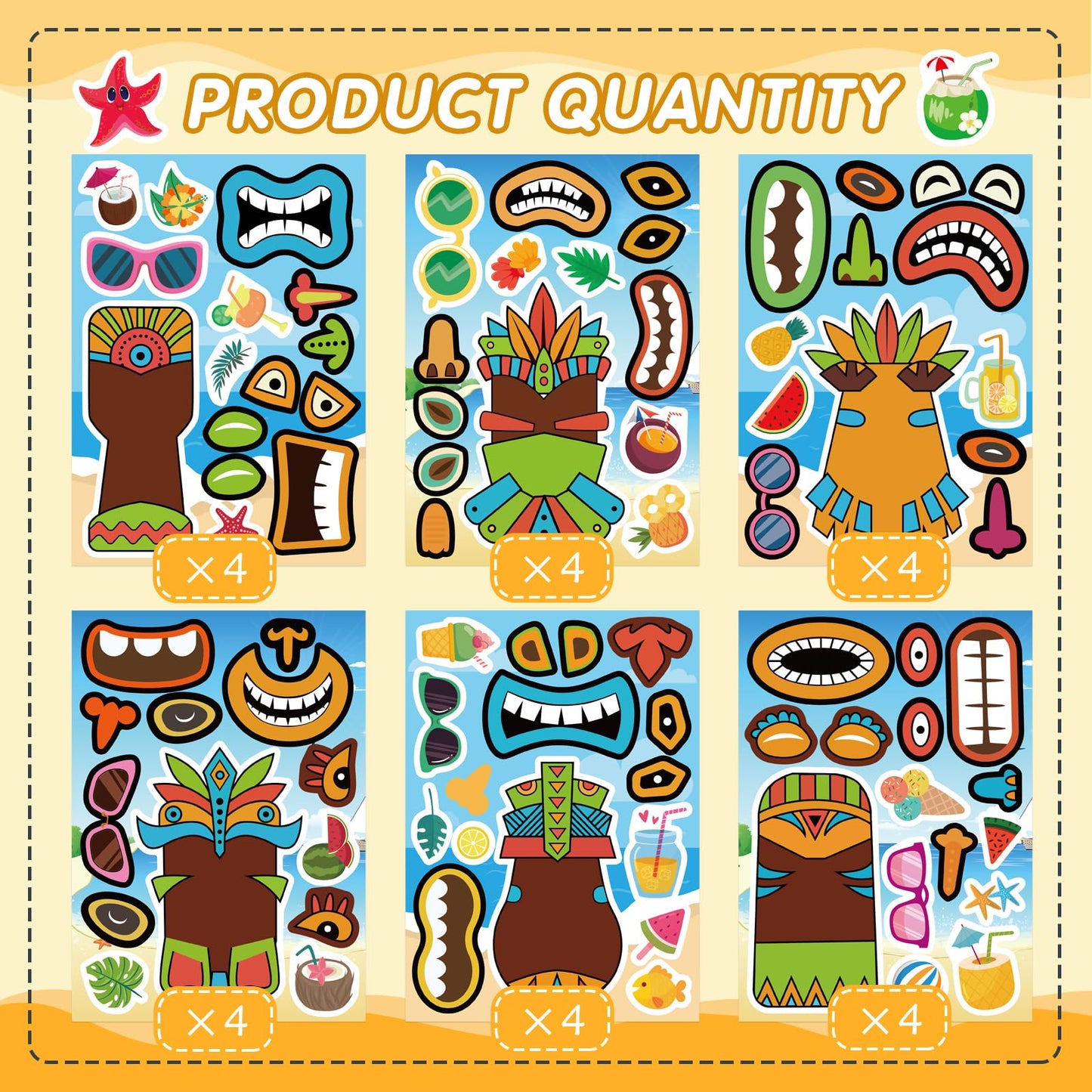 OTAITY 24 Sheets Summer Tiki Face Stickers – Self-Adhesive Tropical Kids Craft Set