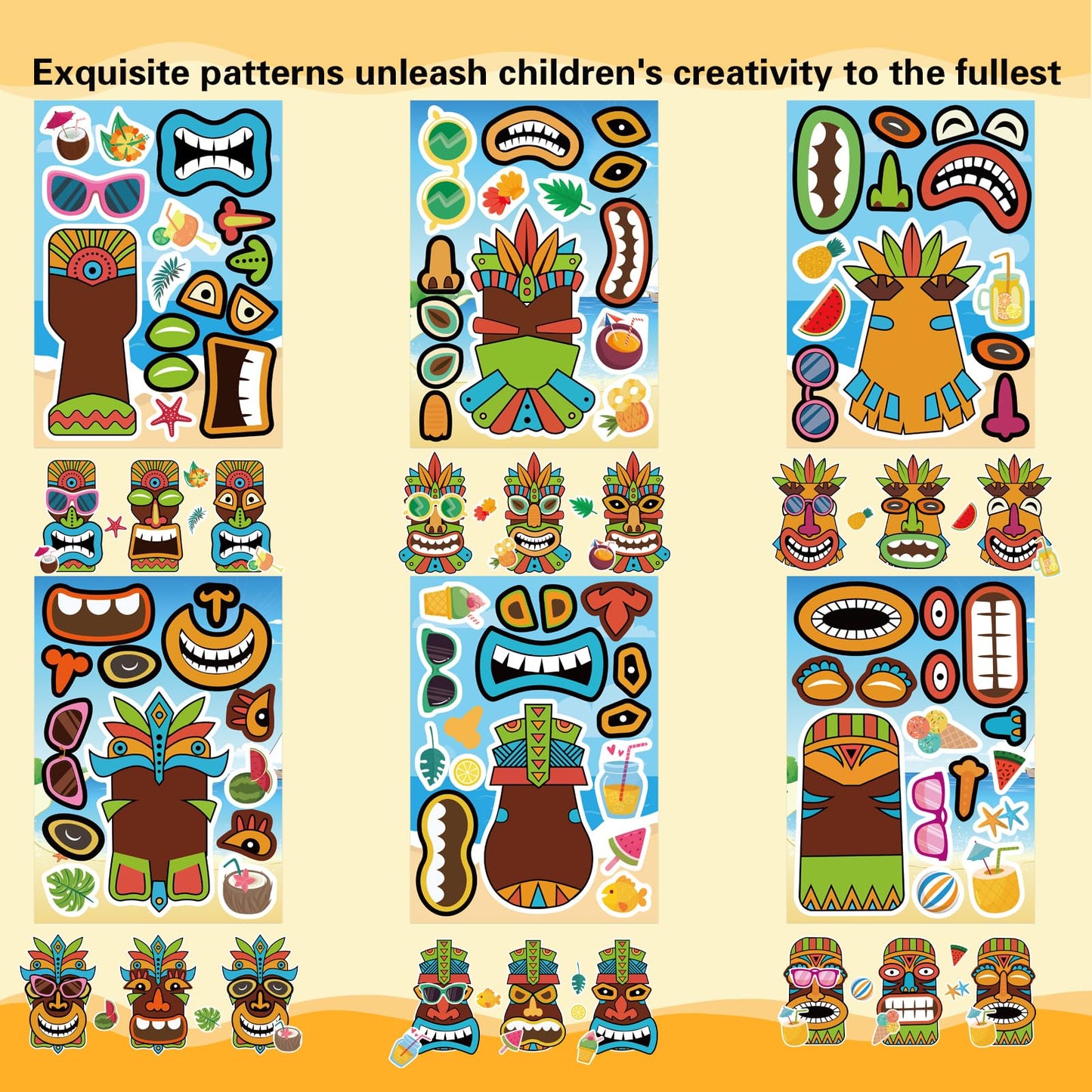 OTAITY 24 Sheets Summer Tiki Face Stickers – Self-Adhesive Tropical Kids Craft Set