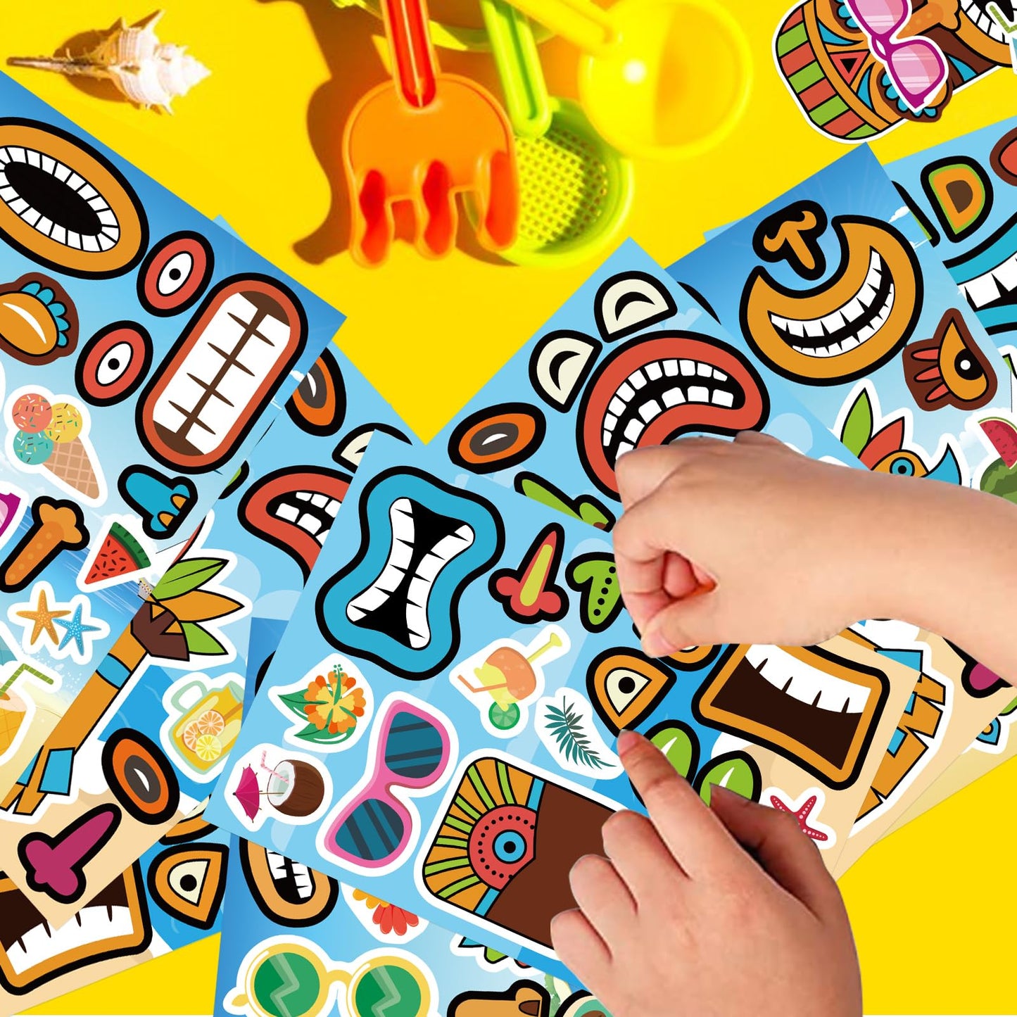 OTAITY 24 Sheets Summer Tiki Face Stickers – Self-Adhesive Tropical Kids Craft Set