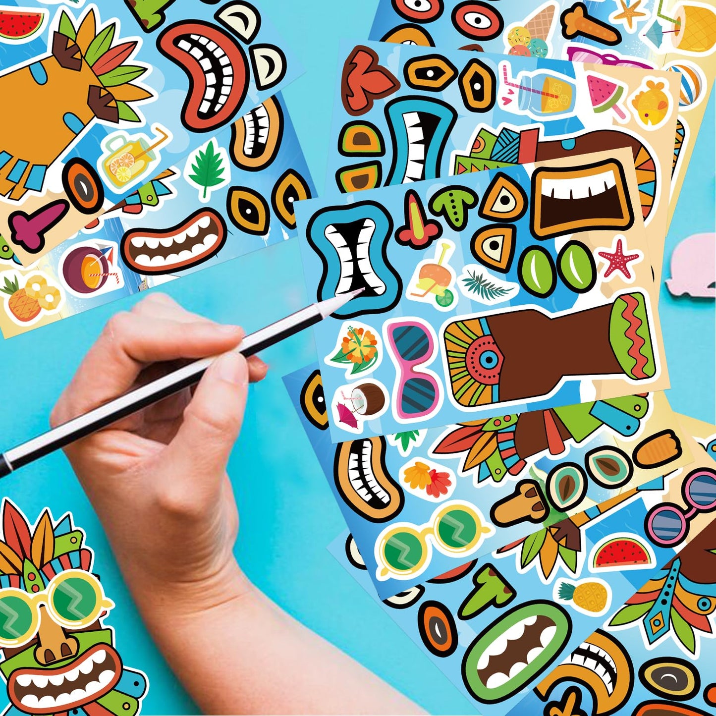 OTAITY 24 Sheets Summer Tiki Face Stickers – Self-Adhesive Tropical Kids Craft Set