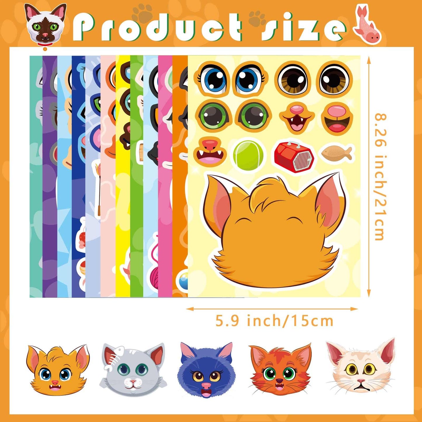 OTAITY 36 Sheets Cat Make-a-Face Stickers – 12 Designs for Kids Crafts & Party Favors