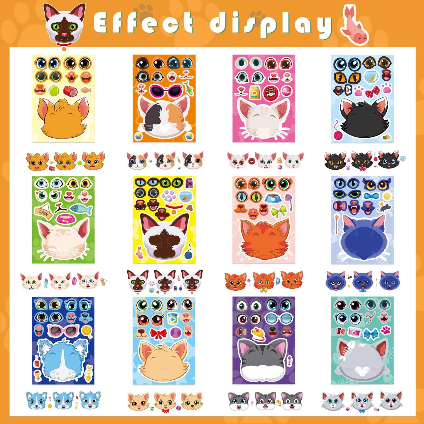 OTAITY 36 Sheets Cat Make-a-Face Stickers – 12 Designs for Kids Crafts & Party Favors