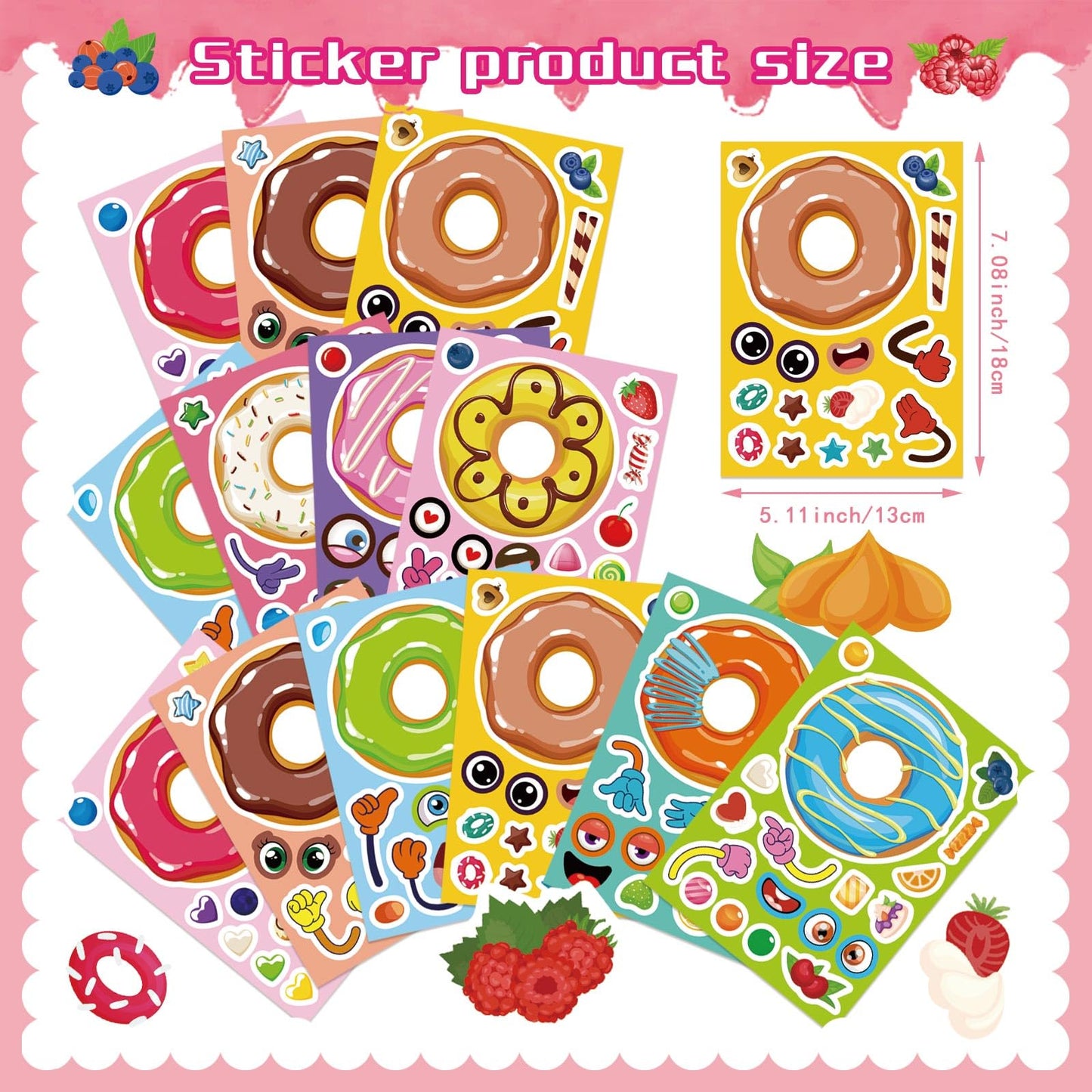 OTAITY 36 Sheets Make a Face Donut Stickers – Mix & Match Dessert Stickers for Kids, DIY Crafts, Classroom Favors