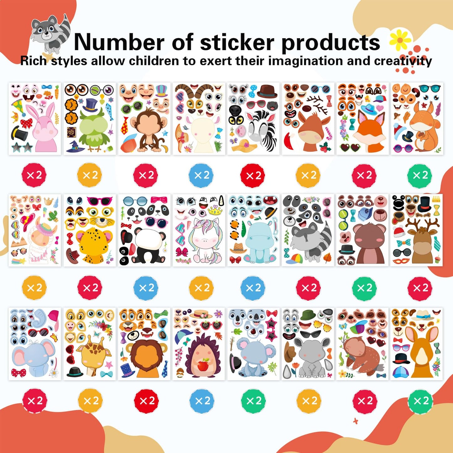 OTAITY 48 PCS Make-a-Face Sticker Sheets – Animal Mix & Match Kids Craft Kit