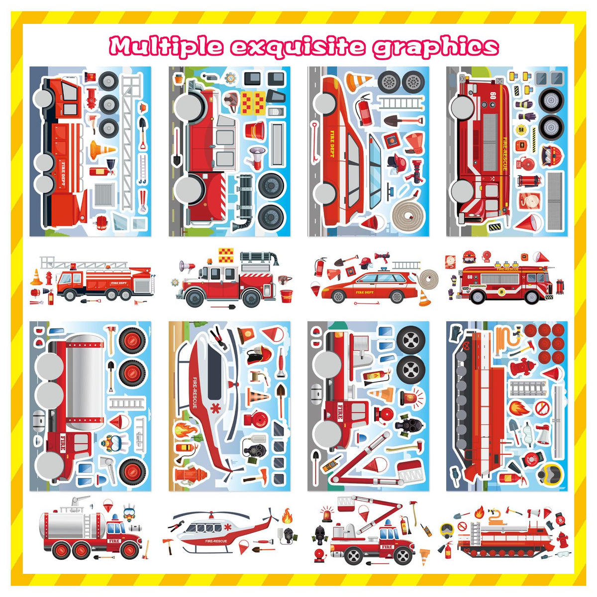 OTAITY 24 Sheets Fire Truck Stickers for Kids – Make a Face Sticker Kit (8 Designs)