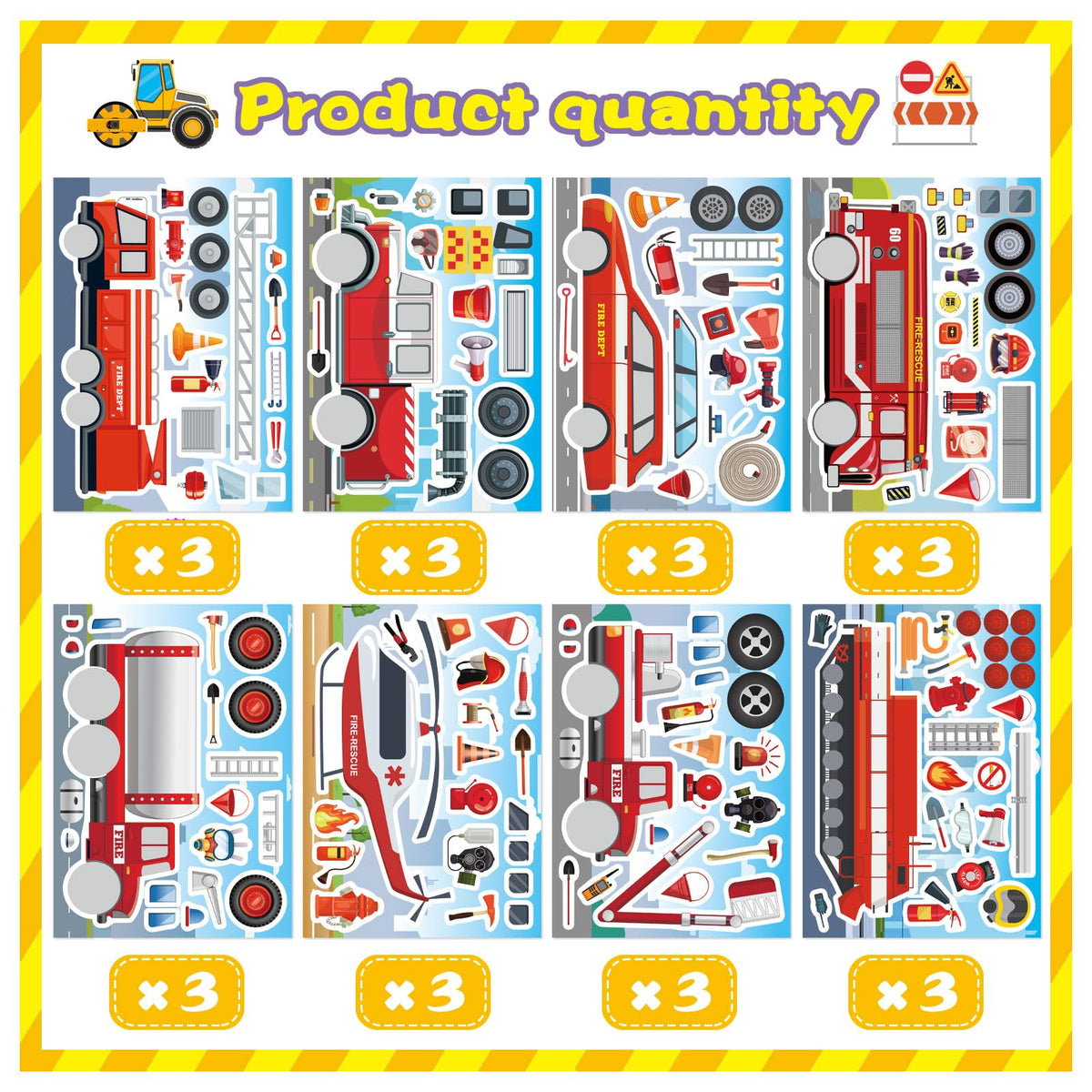 OTAITY 24 Sheets Fire Truck Stickers for Kids – Make a Face Sticker Kit (8 Designs)