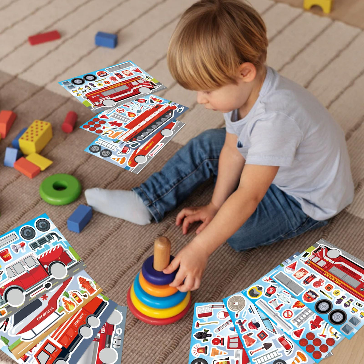 OTAITY 24 Sheets Fire Truck Stickers for Kids – Make a Face Sticker Kit (8 Designs)