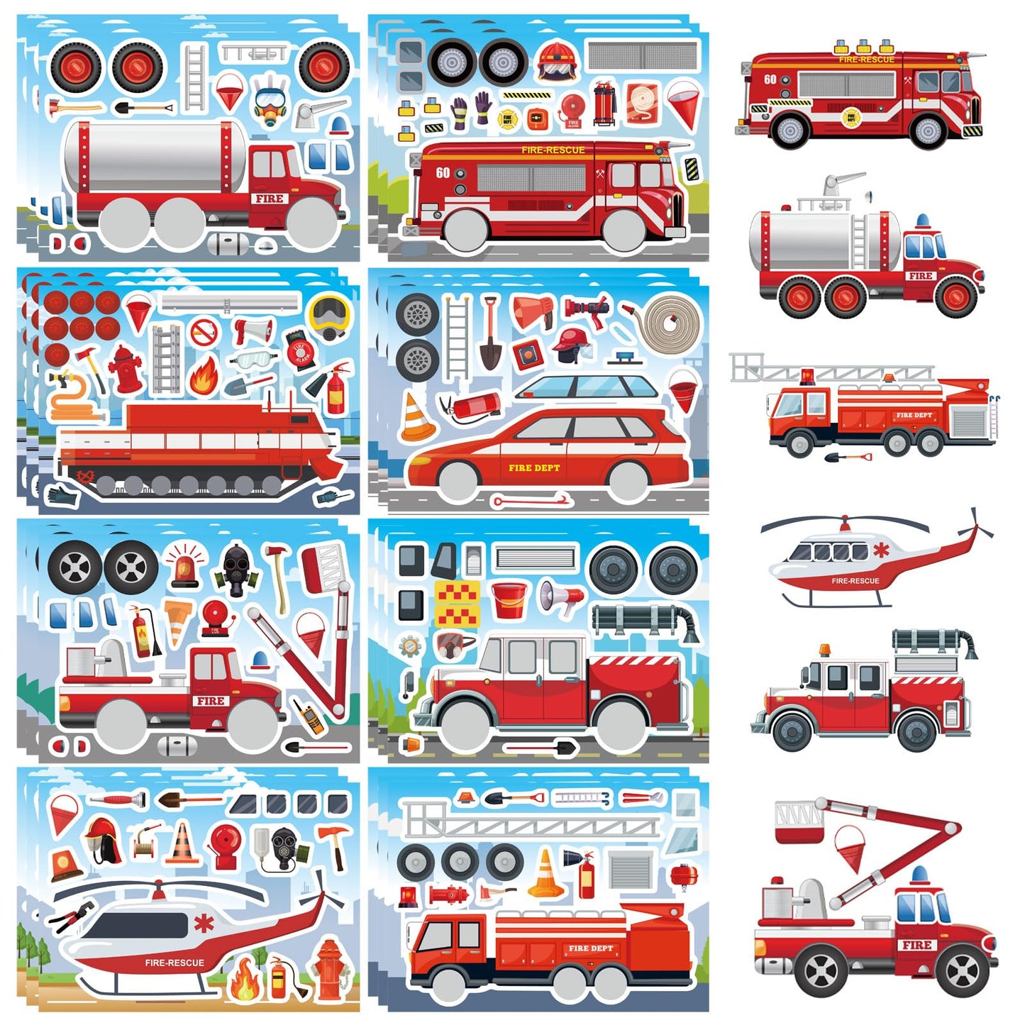 OTAITY 24 Sheets Fire Truck Stickers for Kids – Make a Face Sticker Kit (8 Designs)
