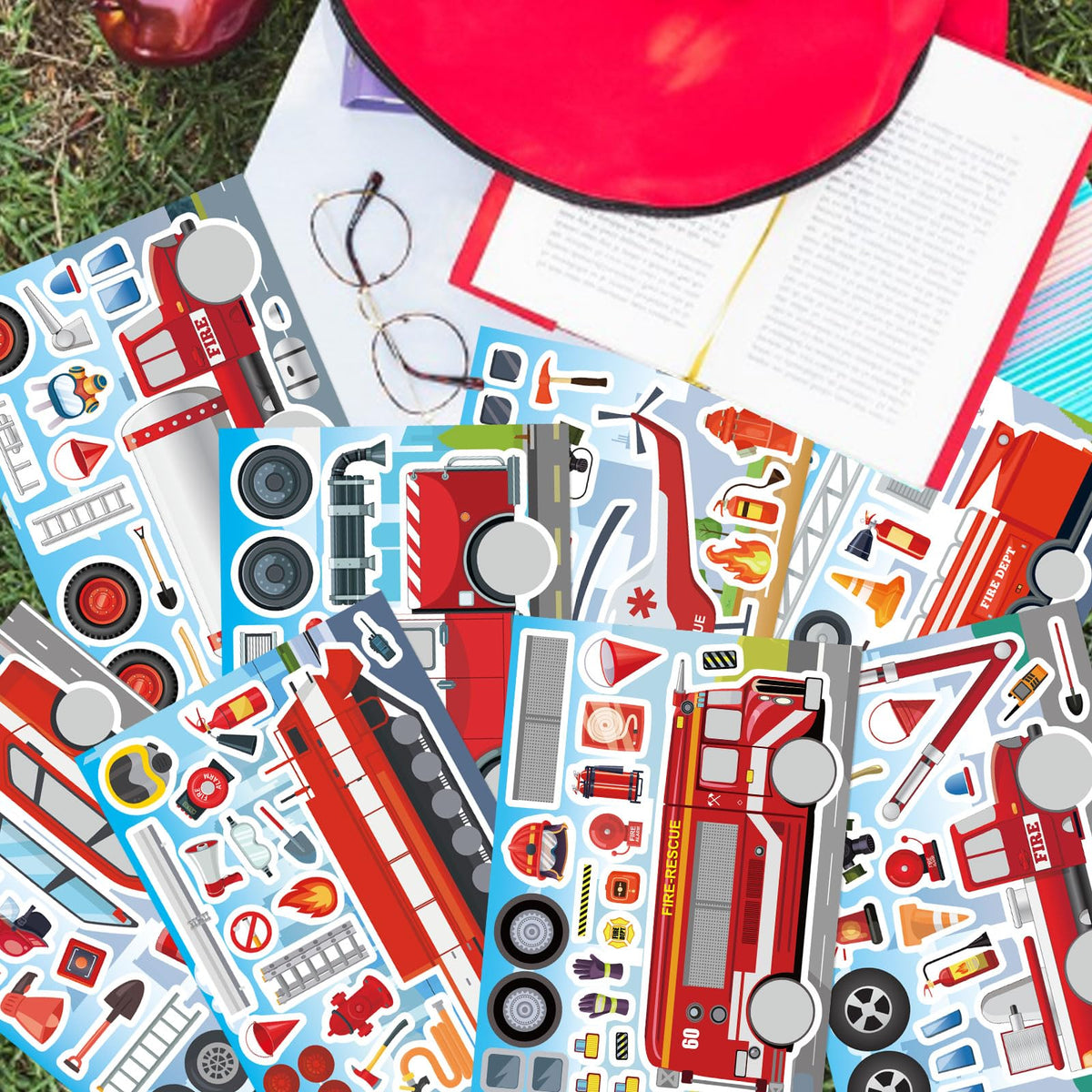 OTAITY 24 Sheets Fire Truck Stickers for Kids – Make a Face Sticker Kit (8 Designs)