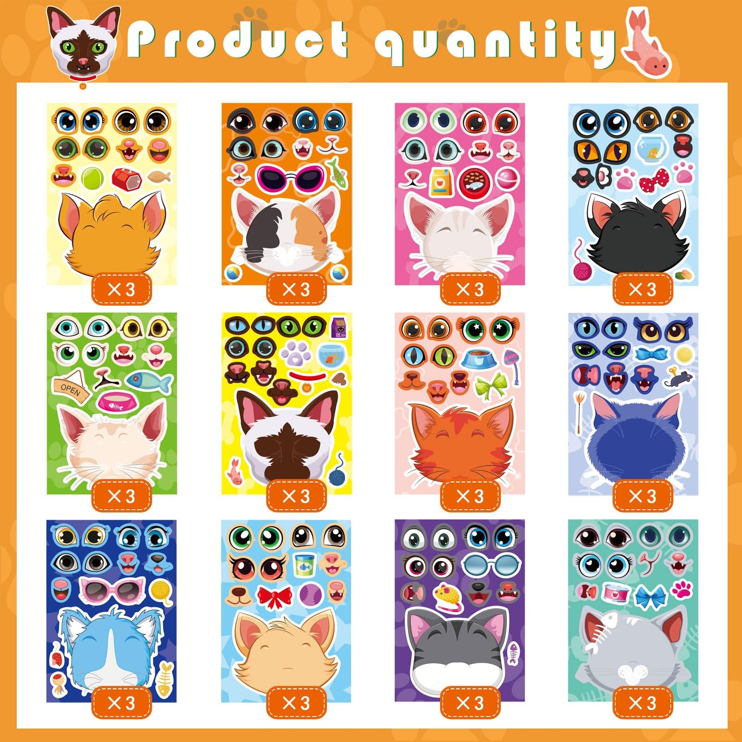 OTAITY 36 Sheets Cat Make-a-Face Stickers – 12 Designs for Kids Crafts & Party Favors