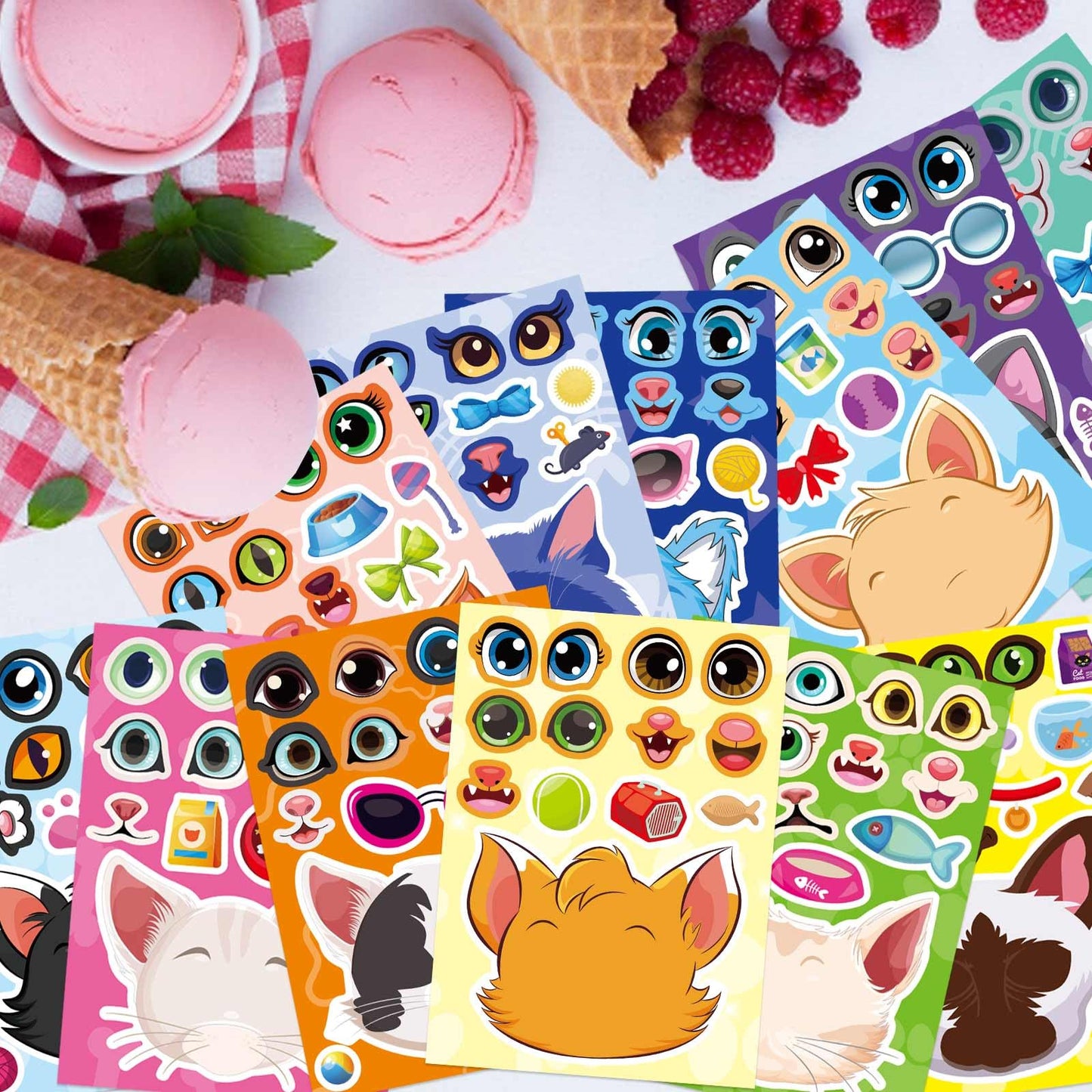OTAITY 36 Sheets Cat Make-a-Face Stickers – 12 Designs for Kids Crafts & Party Favors
