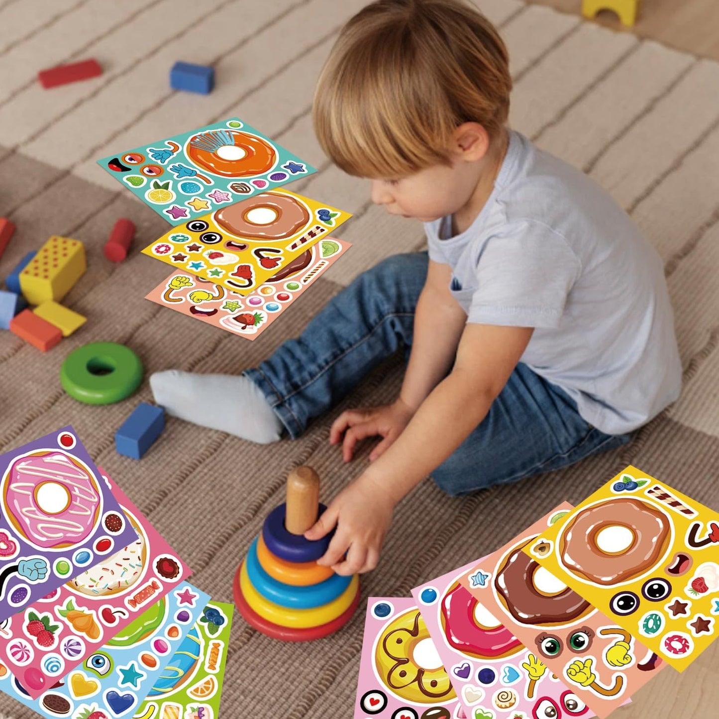 OTAITY 36 Sheets Make a Face Donut Stickers – Mix & Match Dessert Stickers for Kids, DIY Crafts, Classroom Favors