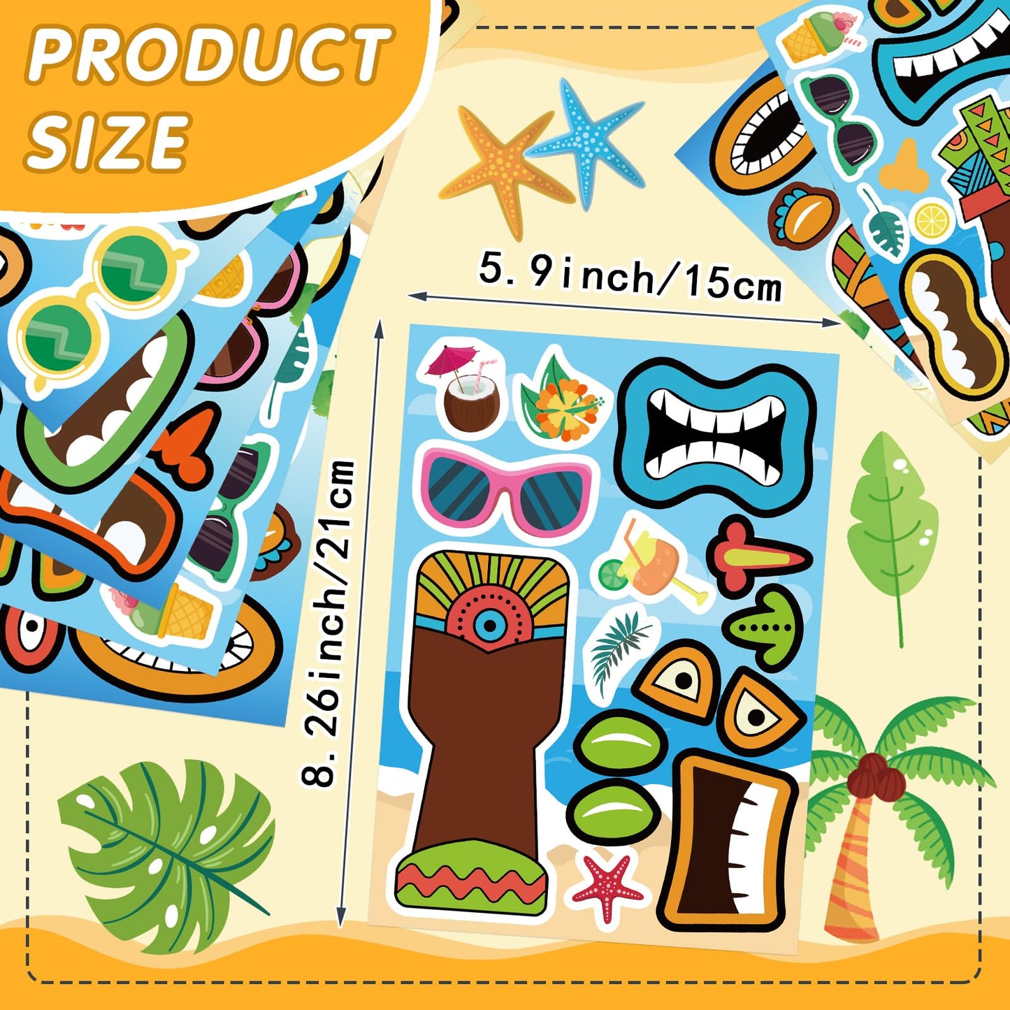 OTAITY 24 Sheets Summer Tiki Face Stickers – Self-Adhesive Tropical Kids Craft Set