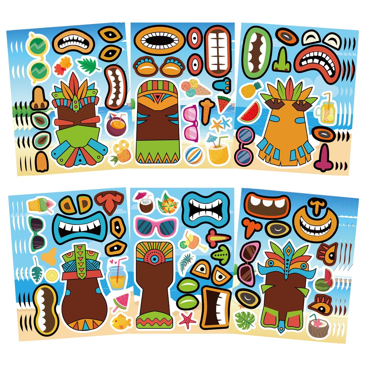 OTAITY 24 Sheets Summer Tiki Face Stickers – Self-Adhesive Tropical Kids Craft Set
